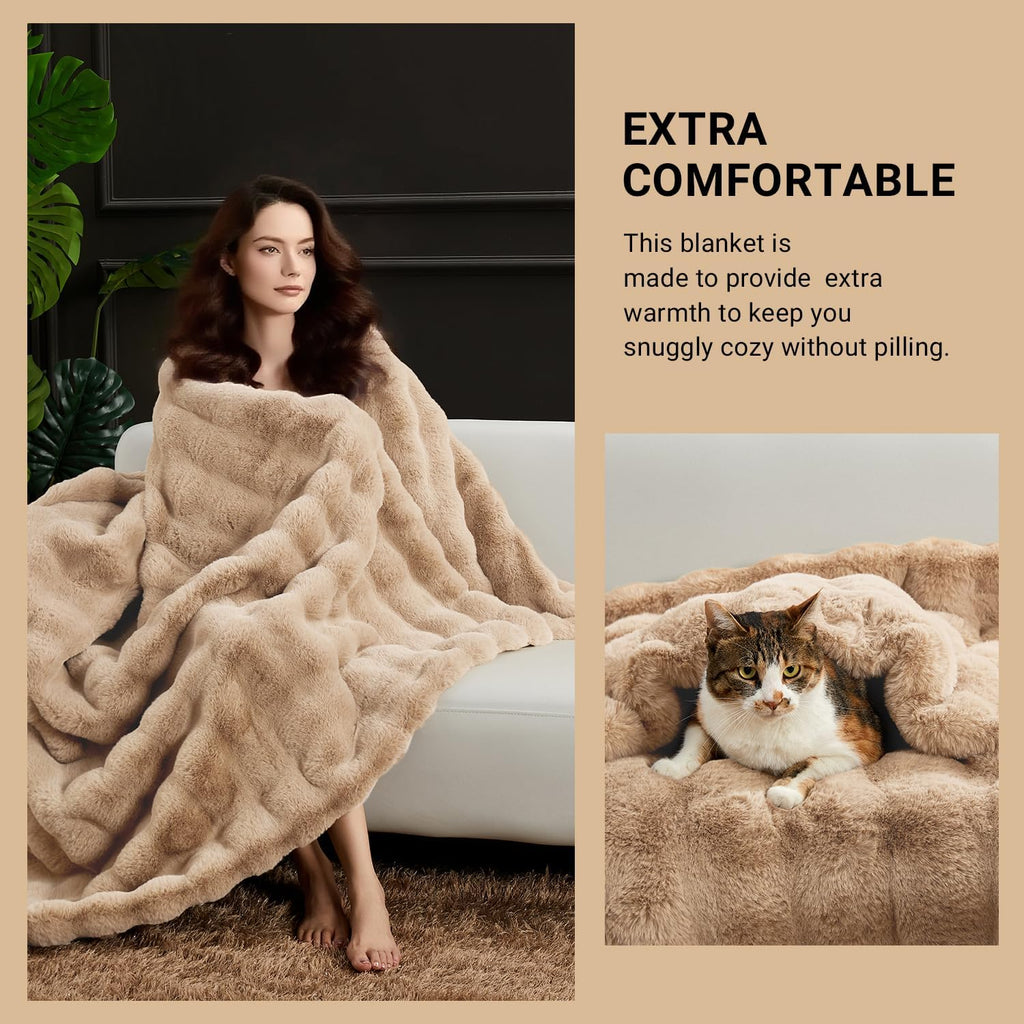 SAPHREAS Faux Fur Throw Blanket for Couch, Fluffy Fuzzy Bubble Blanket for Sofa Bed Living Room, Decor Soft Cozy Gifts for Women Men, 50x60” Khaki