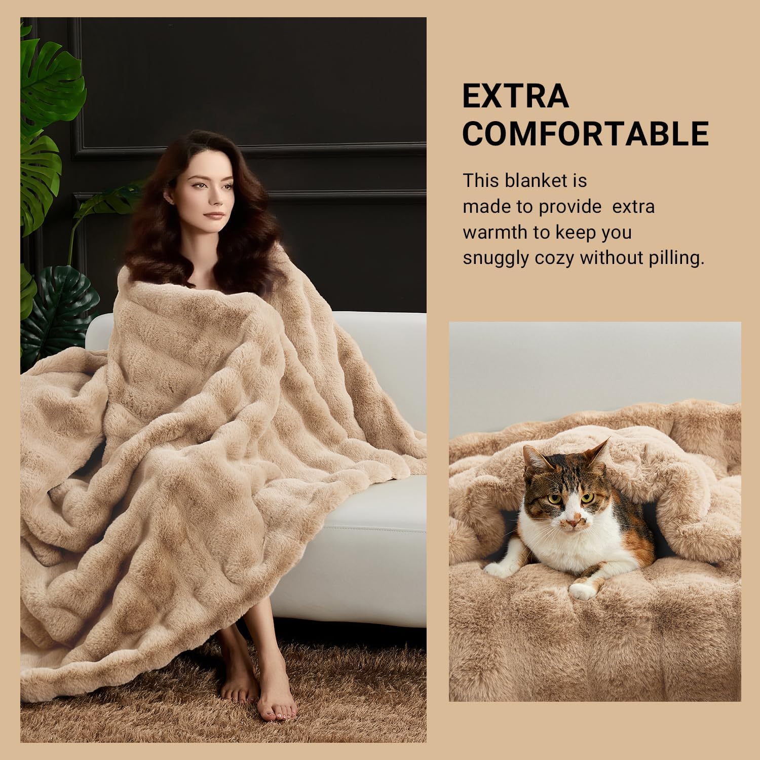 SAPHREAS Faux Fur Throw Blanket for Couch, Fluffy Fuzzy Bubble Blanket for Sofa Bed Living Room, Decor Soft Cozy Gifts for Women Men, 60x80” Khaki