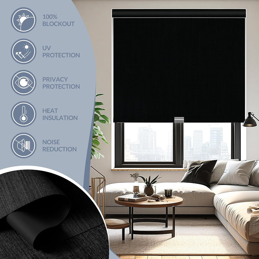Boolegon Motorized Roller Blinds - 100% Blackout Smart Electric Shades with Remote, Compatible with Alexa/Google Home/HomeKit via Hub, Easy Install for Home Office, Black, Custom Size.