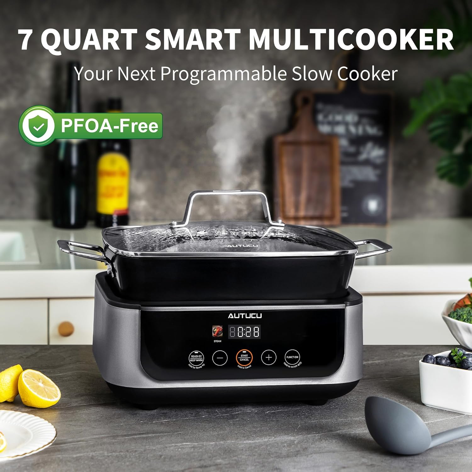 Slow Cooker 7 Quart | Programmable Multi-Cooker PFOA-Free Ceramic Coating, Steamer, Sear sauté, Warm Function (Includes Silicone Spoon)