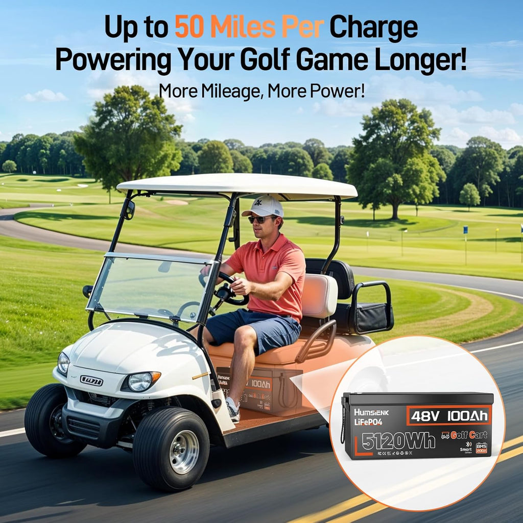 HumsiENK 48V 100Ah Golf Cart LiFePO4 Lithium Battery Bluetooth Monitor with 15A Charger, 15000+ Cycles Battery with Peak Current 600A & Group 8D, 200A BMS with Low-Temp Protection for Golf Carts