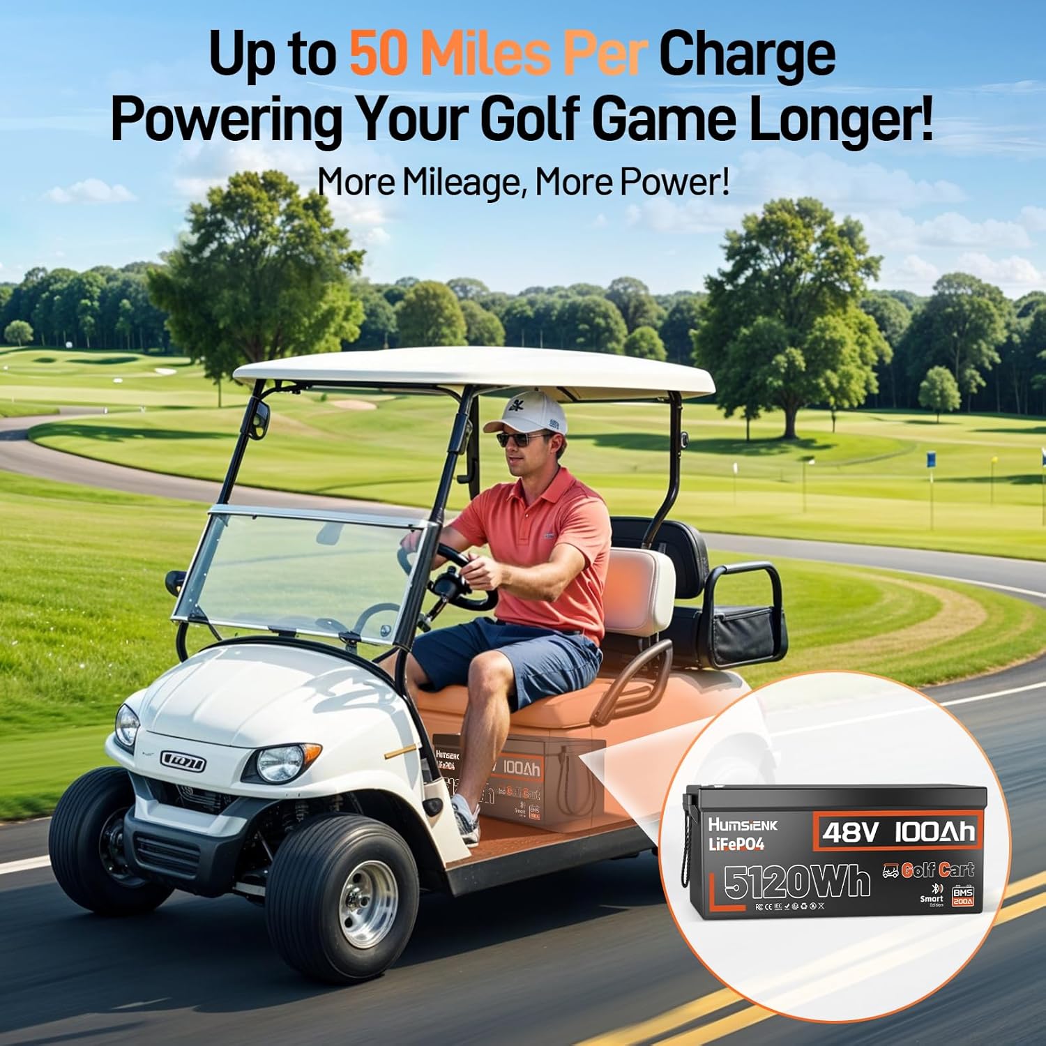 HumsiENK 48V 100Ah Golf Cart LiFePO4 Lithium Battery with Bluetooth Group 8D, 15000+ Deep Cycle Battery, Built-in 200A BMS with Low-Temp Protection Golf Cart Accessories