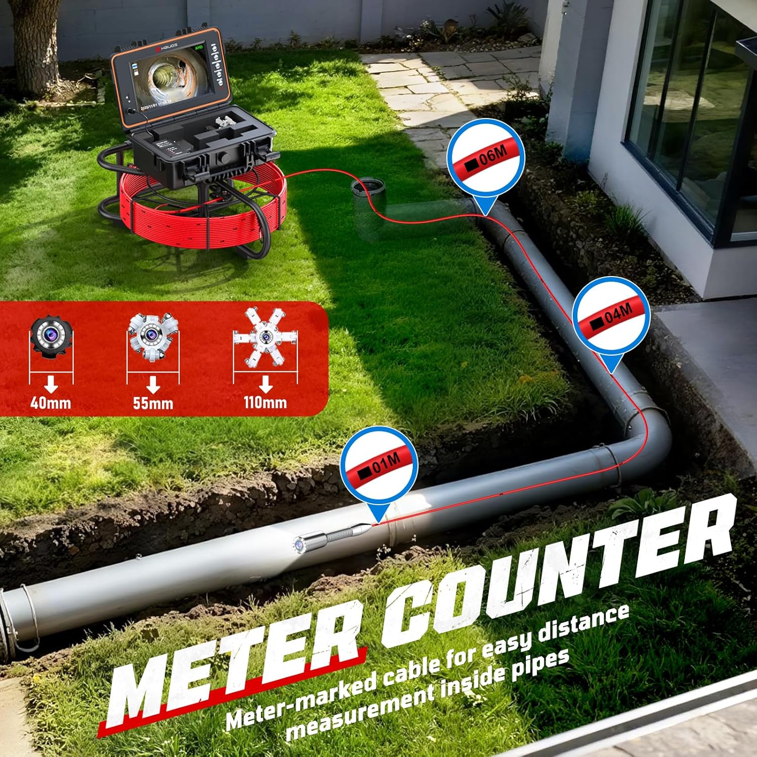 Sewer Camera, Self Leveling Drain Camera 200ft with Meter Counter, 7mm Thick Cable, 9" HD Screen 1080P Plumbing Cameras Snake with Light, 5100mAh Battery Duct Pipe Video Inspection Cam DVR 32GB