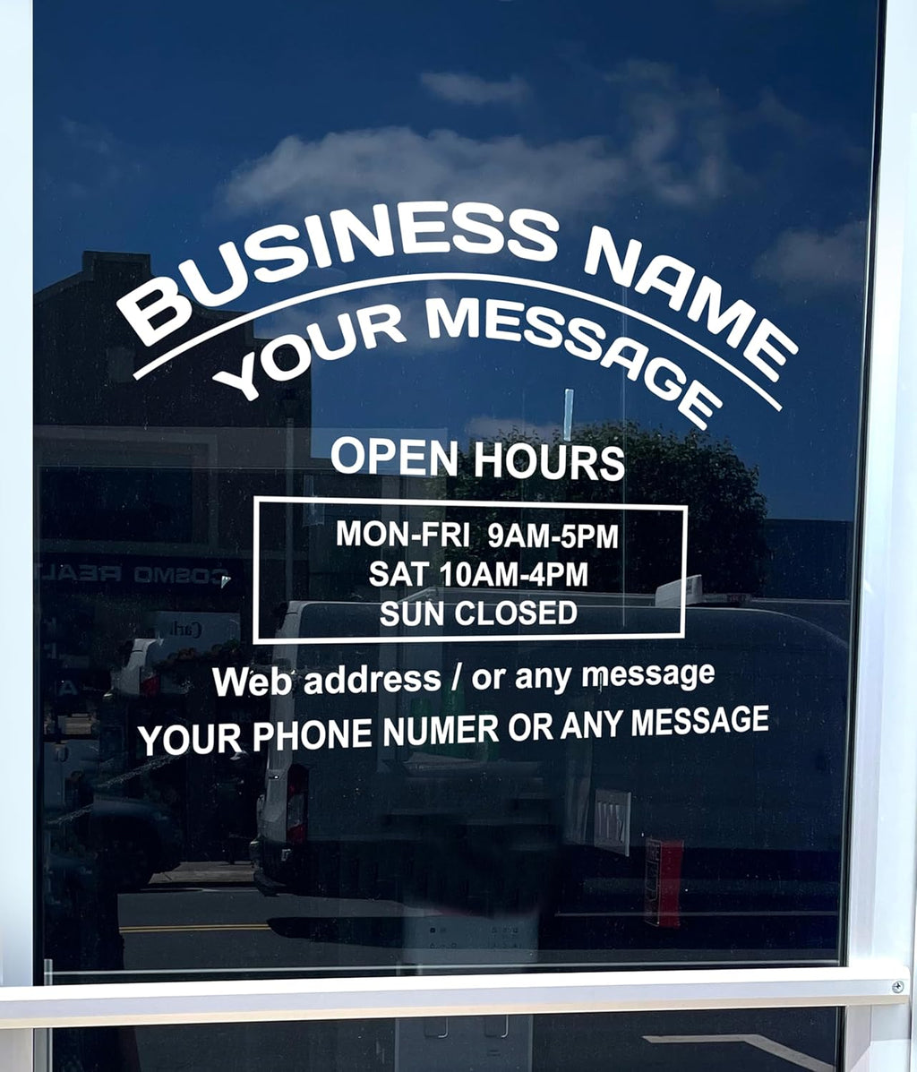 Business Hours Sign for Window – Two Title Lines (Two Arc Lines)