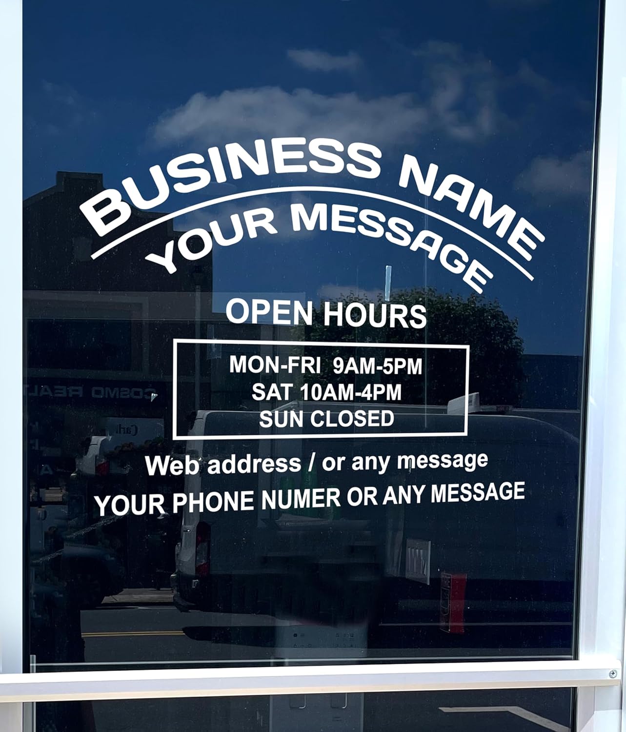 Business Hours Sign for Window – Two Title Lines (Two Arc Lines)