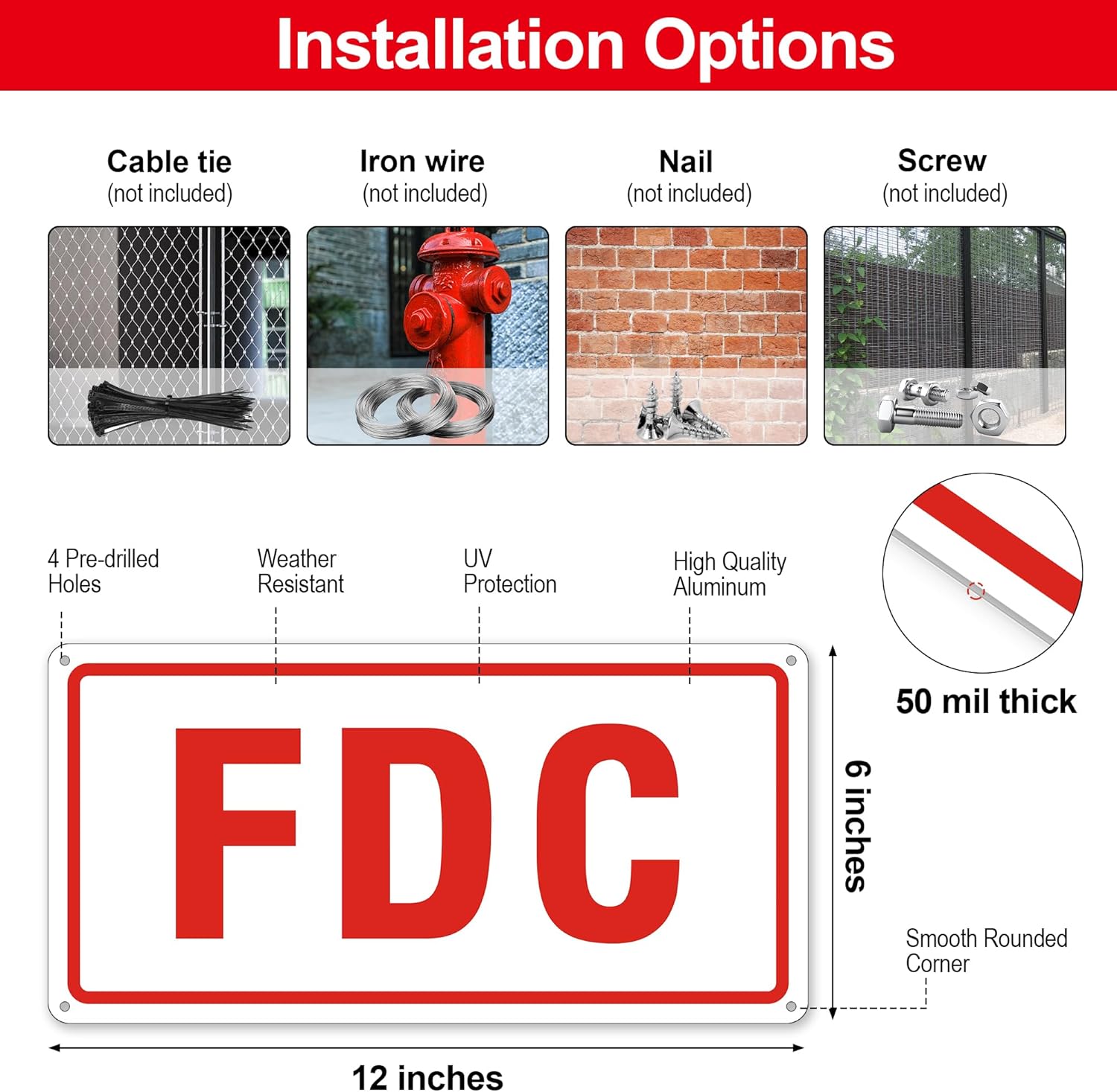 FDC Sign, 2 Pack Outdoor Aluminum Metal Sign, FDC Signs for Fire Department Connection, UV Protected Weather Resistant and Easy to Install (White Color, 12 x 6 inches)
