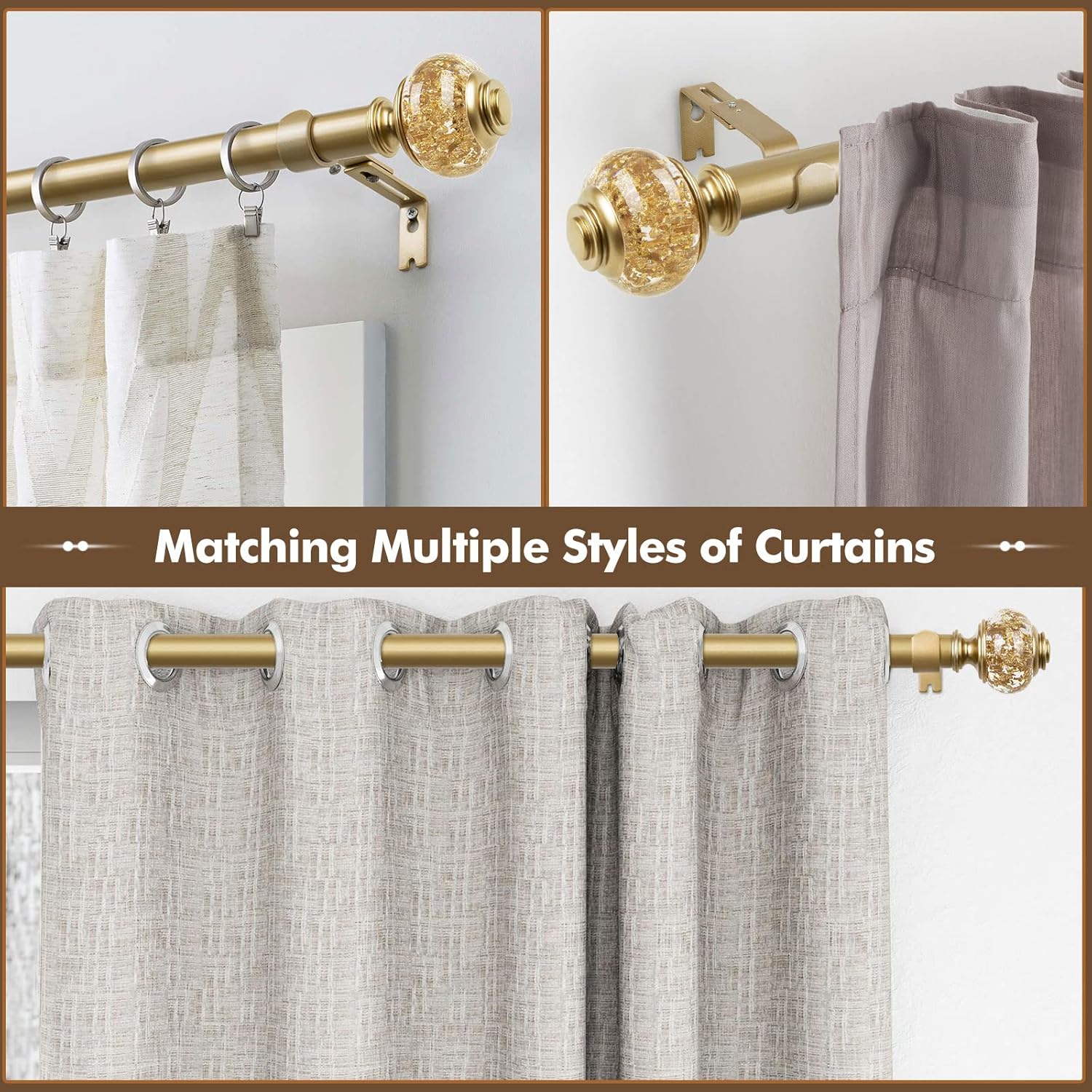 2 Pack Curtain Rods, 1 Inch Telescoping Drapery Rod 28 to 48 inch (2.3 to 4 ft), USFOOK Curtain Rods for Windows 16 to 44 Inches, Luxury Gold Translucent Finials