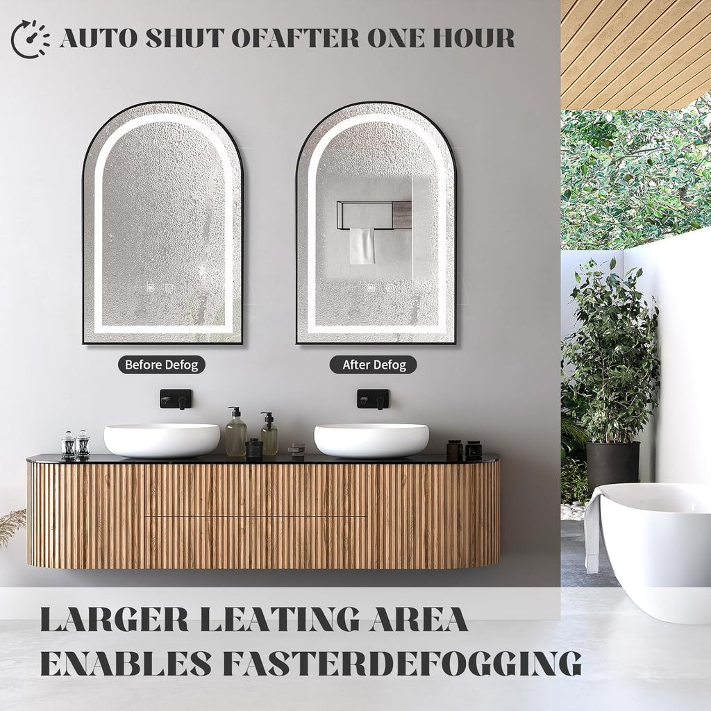 LED Bathroom Mirrors with Lights,24"x36"Black Arched Mirror for Bathroom,Fogless,3 Colors Dimmable,Anti-Fog,Wall Mounted Lighted Vanity Mirror,Black