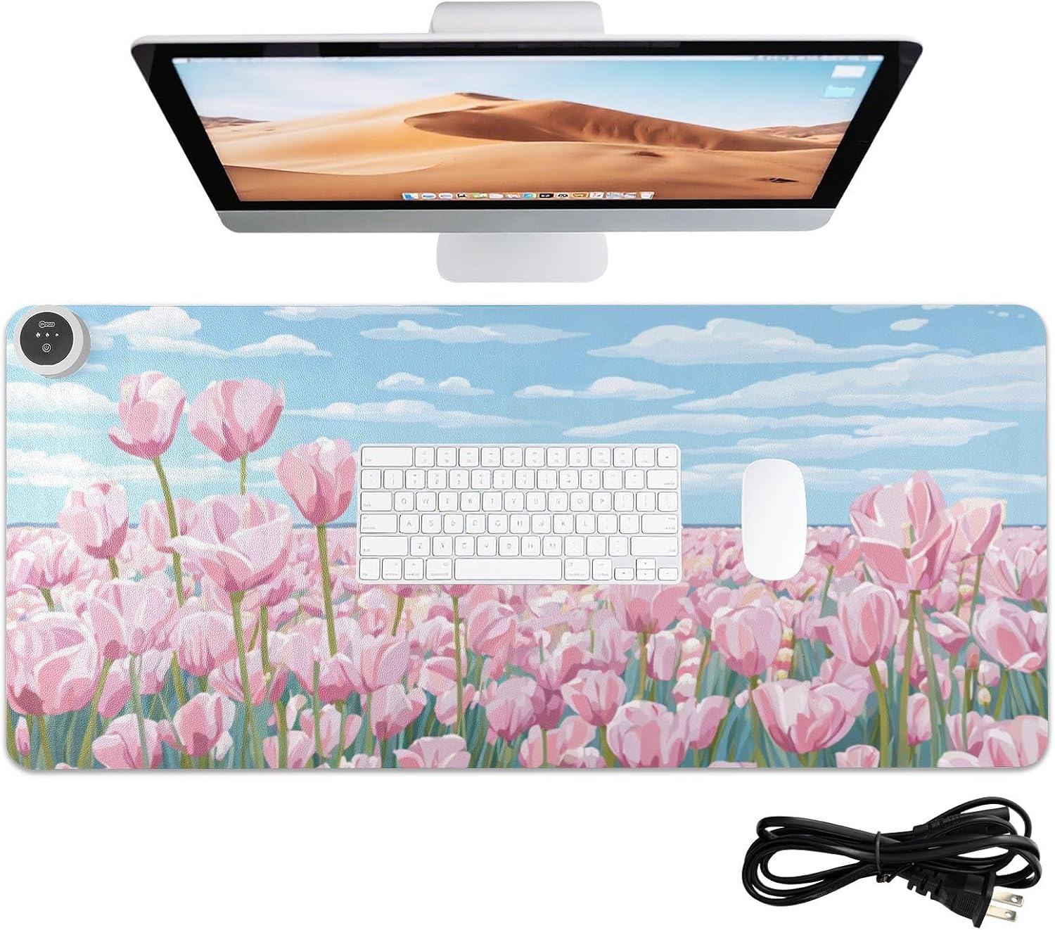 Heated Desk Pad Mouse Pad 31.5x13 Inch PU Leather Desk Mat with 3 Heat Levels Large Mouse Gaming Computer Laptop Mat Pink Tulip Field and Blue Sky