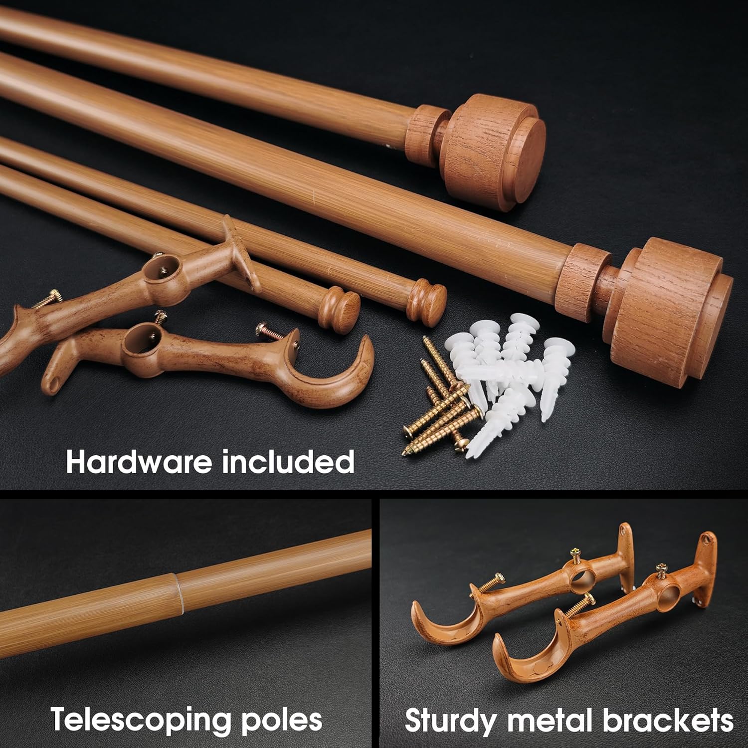 1-1/8 Inch Diameter Faux Wood Curtain Rod with Wood Grain Finials, 72-144 inch Telescoping Double Curtain Rods for window width 68-140 inch, 1 pack