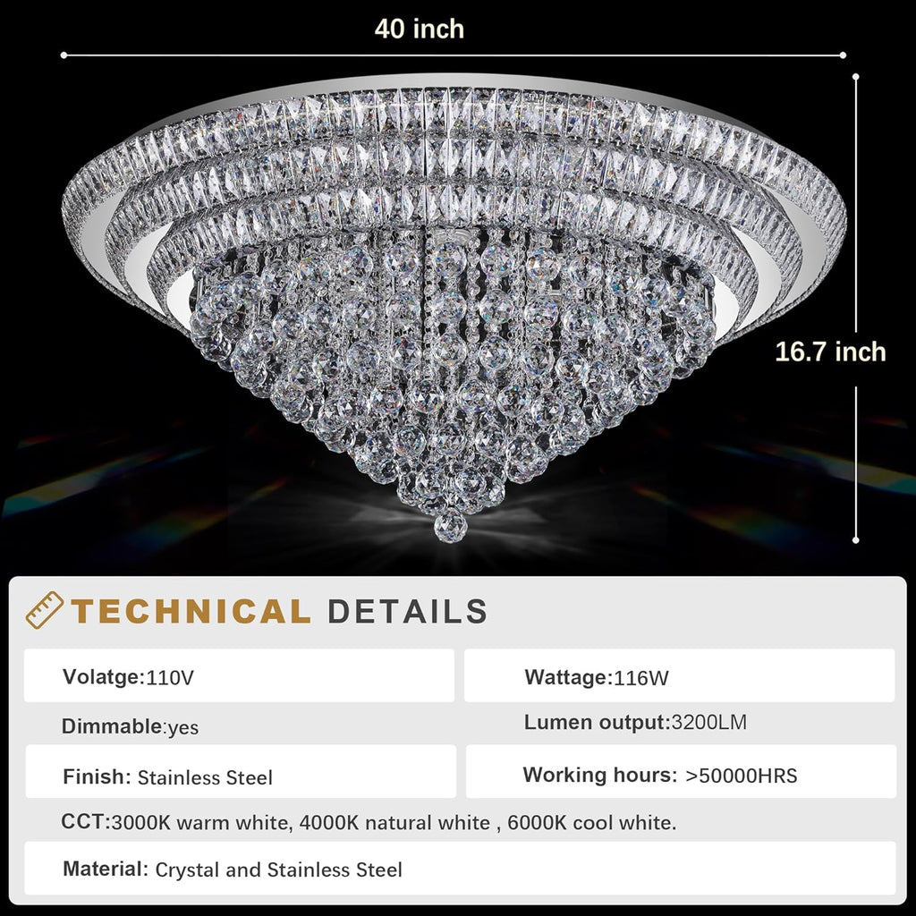 40“ Elegant LED Crystal Raindrop Ceiling Light, Flush Mount Chandelier Light Fixture with Remote Control for Living Room Kitchen Island Bedroom Hallway Entryway Foyer(Dimmable)