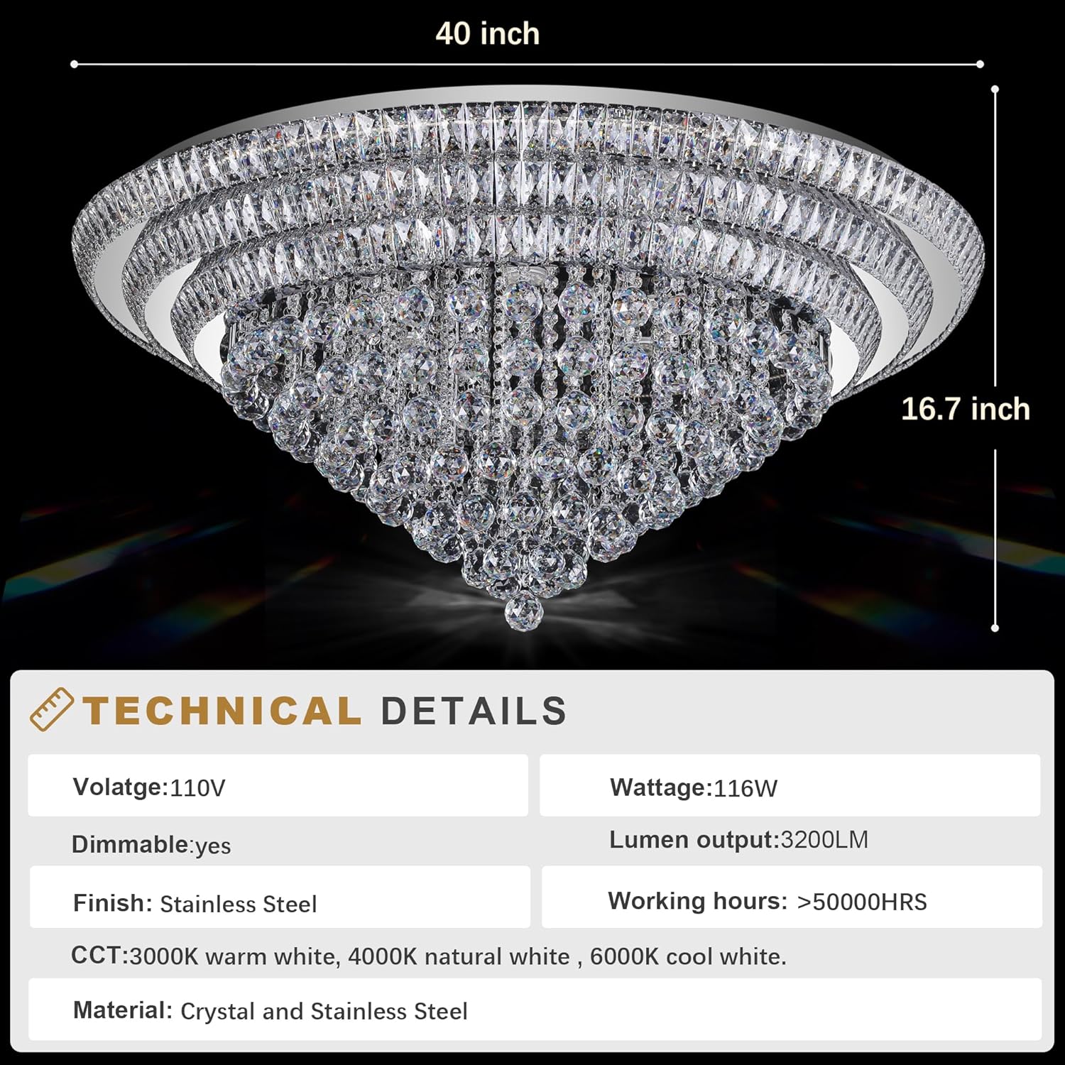 40“ Elegant LED Crystal Raindrop Ceiling Light, Flush Mount Chandelier Light Fixture with Remote Control for Living Room Kitchen Island Bedroom Hallway Entryway Foyer(Dimmable)
