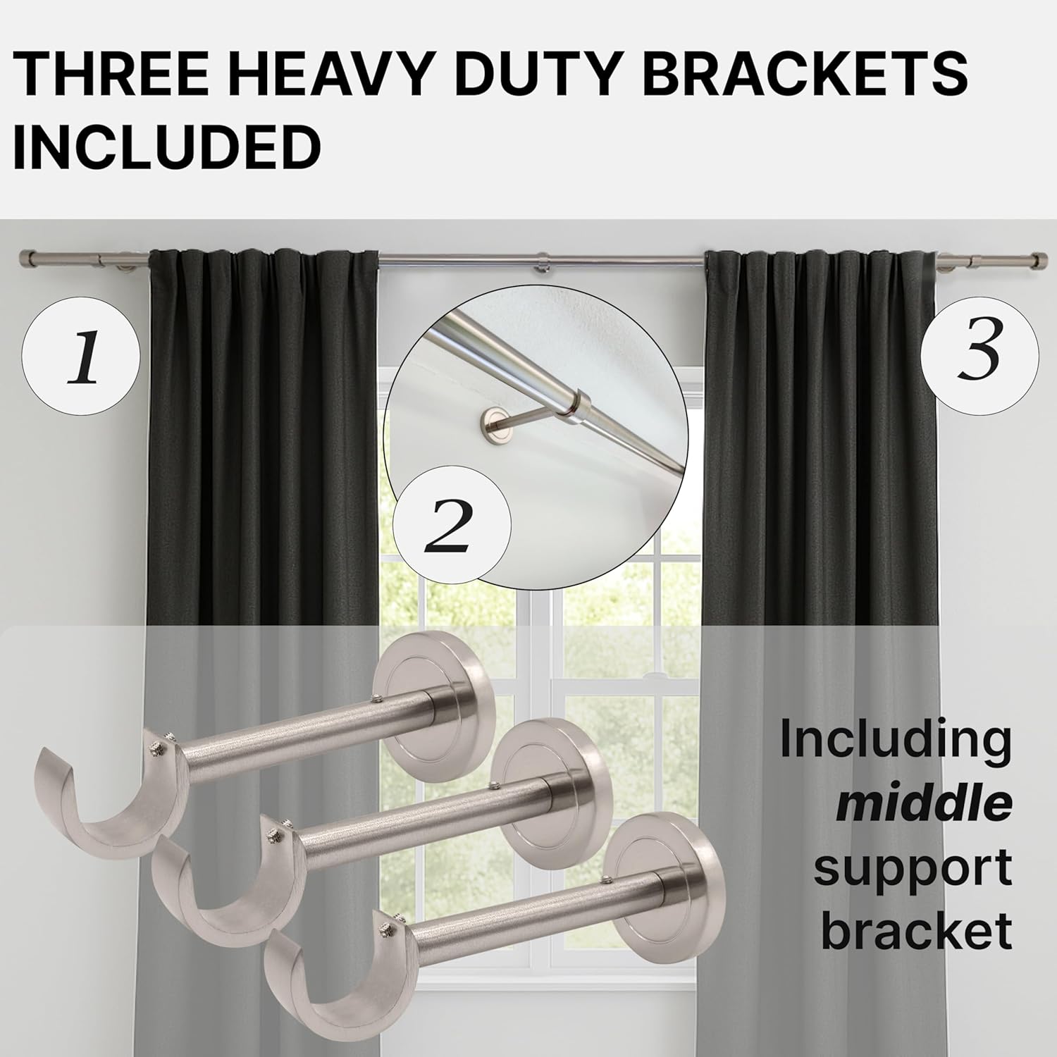 Brushed Nickel Curtain Rod, Adjustable 48 to 84 Inch with Three Heavy Duty Aluminum Alloy Brackets, Brushed Nickel Finish