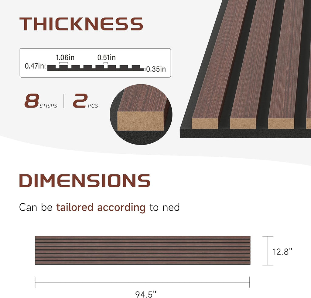 Wood Slat Wall Panels, 2 Pack 8 x 1 ft Decorative Wood Panels for Wall,Stylish Wall Panels for Interior Wall Decor, Modern Acoustic Wood Wall Panels with Felt Backing, Walnut