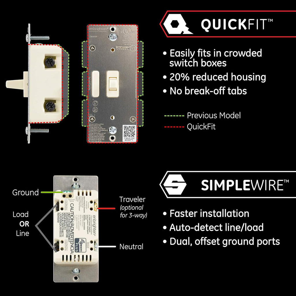 Enbrighten Almond Z-Wave Plus Smart Light Switch with QuickFit and SimpleWire, 3-Way Ready, Compatible with Alexa, Google Assistant, ZWave Hub Required, Repeater/Range Extender, Toggle, 2 Pack, 81174