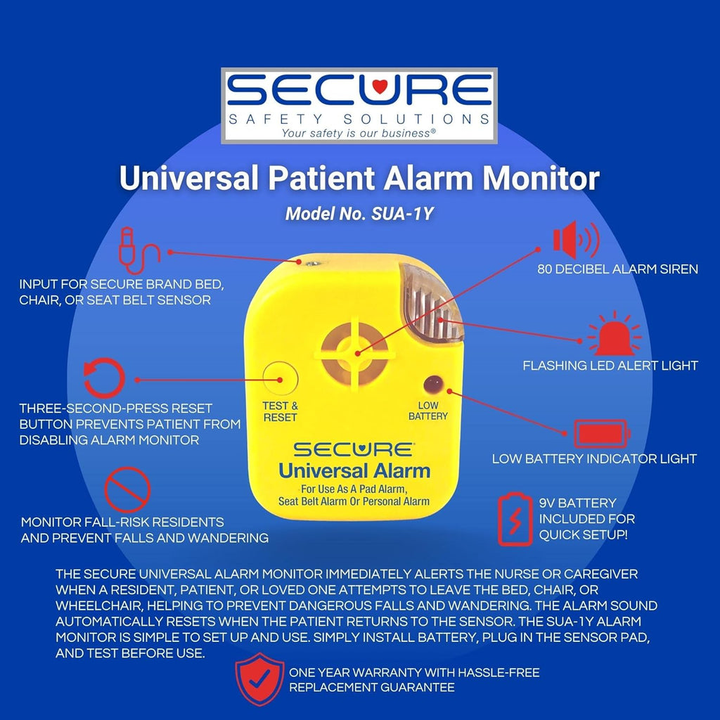 Secure Bed Alarm for Elderly Adults - 12" x 30" Motion Pressure Sensor Pad, 80 dB Patient Monitor with Holder, 9V Battery - Wandering & Fall Prevention for Dementia Patients Seniors
