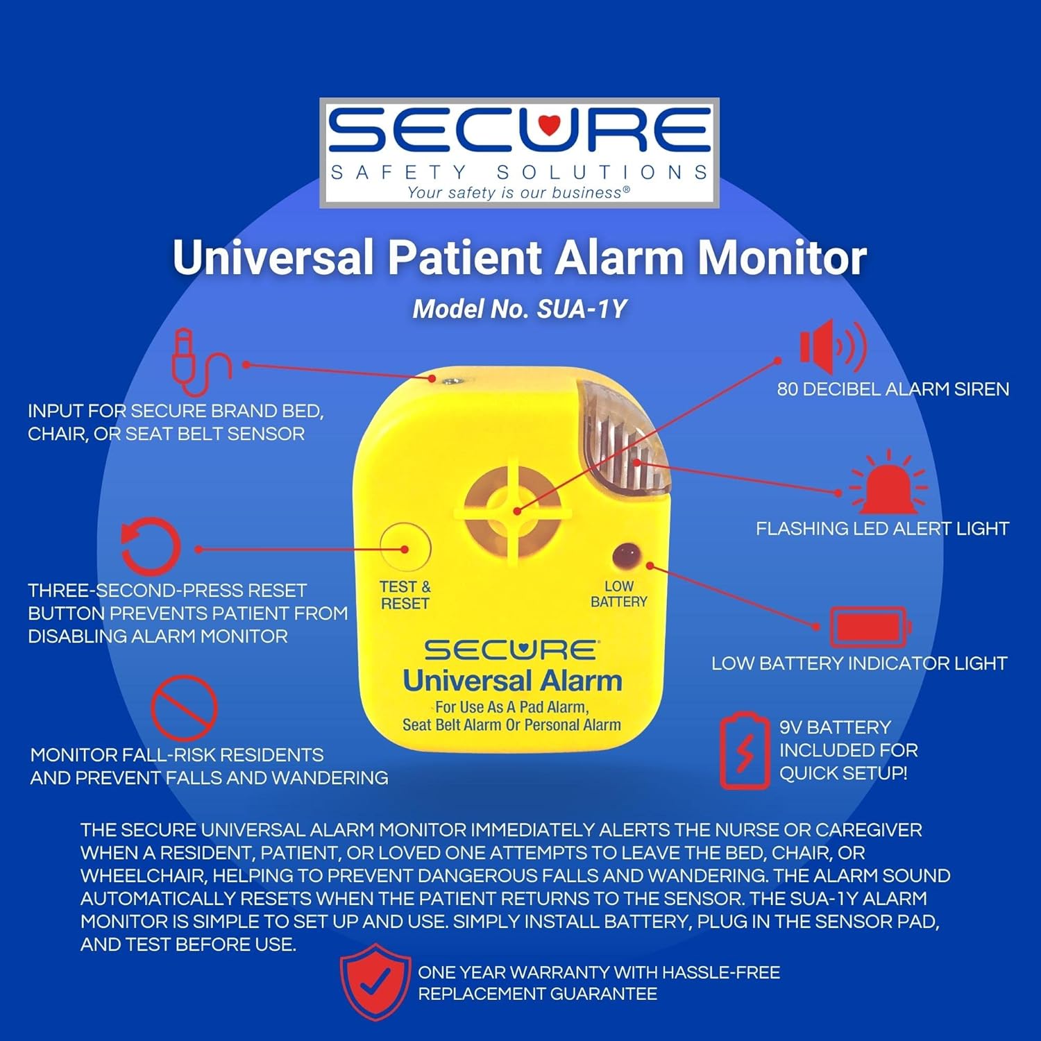 Secure Bed Alarm for Elderly Adults - 12" x 30" Motion Pressure Sensor Pad, 80 dB Patient Monitor with Holder, 9V Battery - Wandering & Fall Prevention for Dementia Patients Seniors