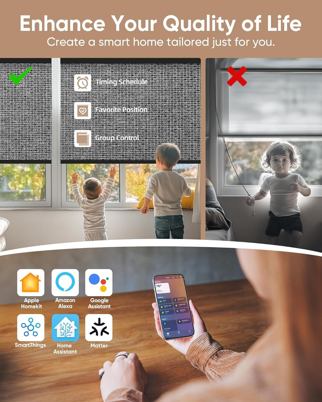 Kincmo Motorized Blinds with Remote,100% Blackout Motorized Roller Shades Work with Apple Homekit,Alexa,Google, Custom Electric Blinds with App,Voice Control (Groove Dark Grey)