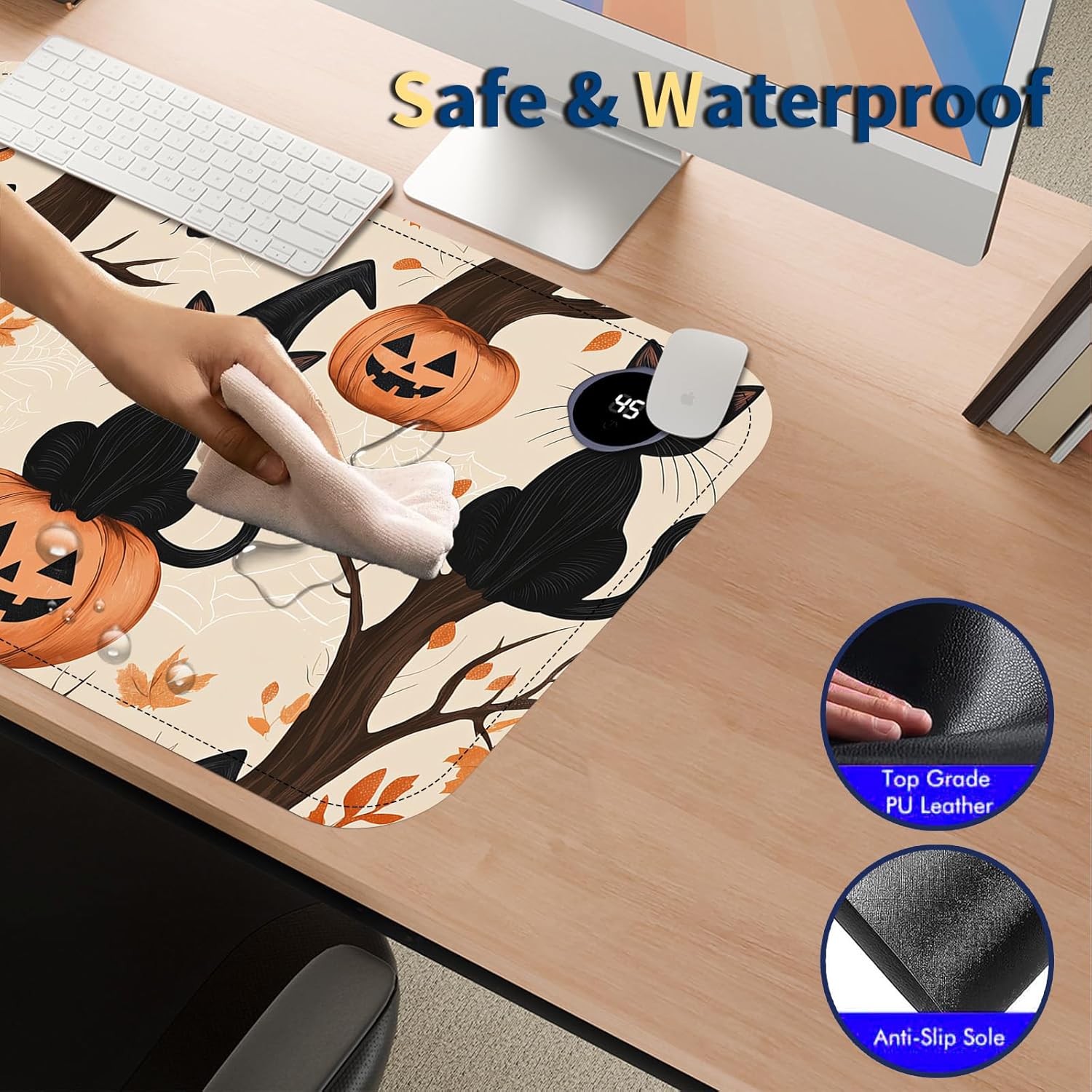 Heated Mouse Pad with 3 Temperature Settings(104°F–122°F),Large 24x14.2 Inch PU Leather Heated Desk Mat,Waterproof Warming Pad for Office,Gaming & Cold Hands Relief,Black Cats Pumpkins