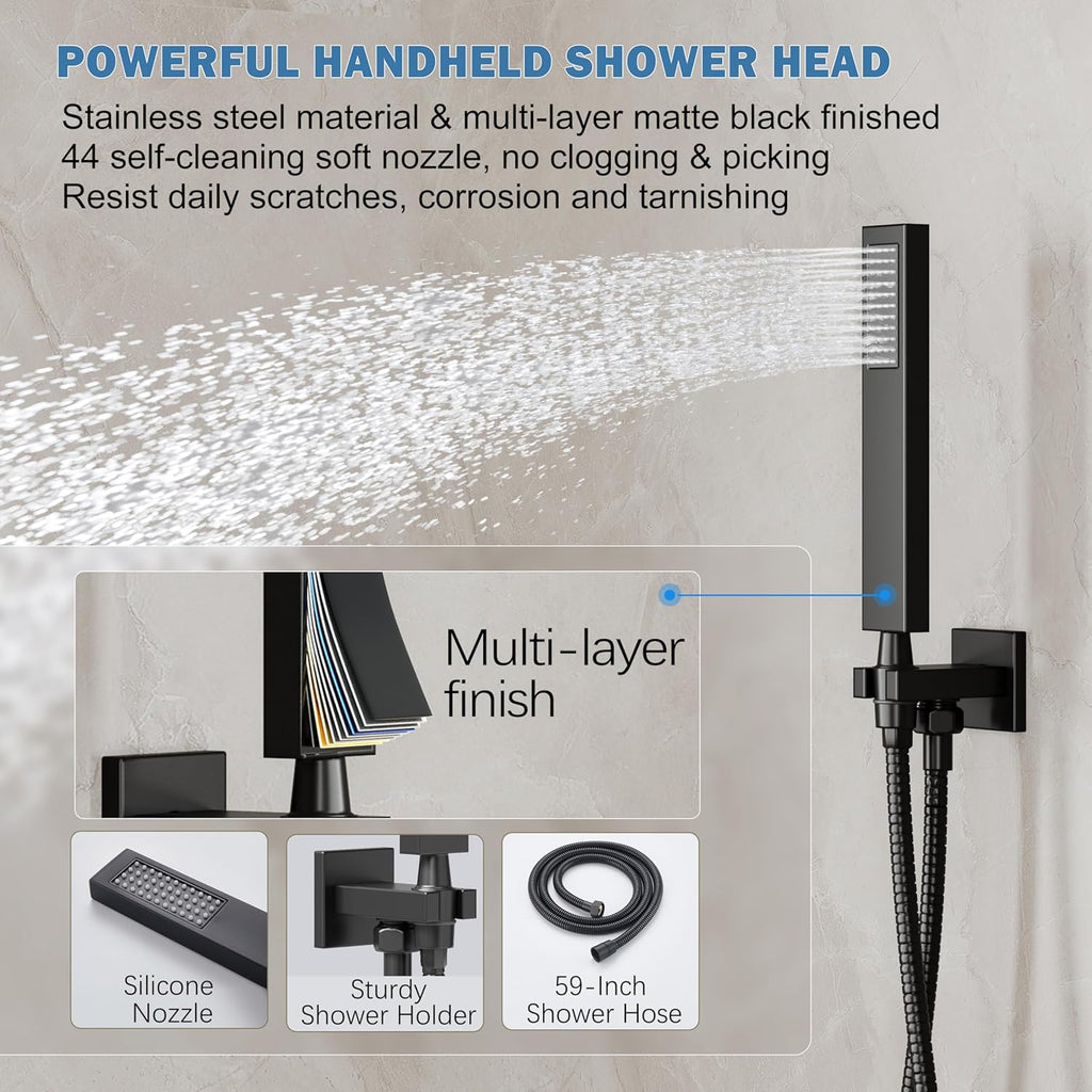 Shower System, Black Shower Faucet Set with 12-Inch Rain Showerhead and Handheld Spray, Wall Mounted High-Pressure Showerhead Combo Set Included Valve and Trim, Matte Black