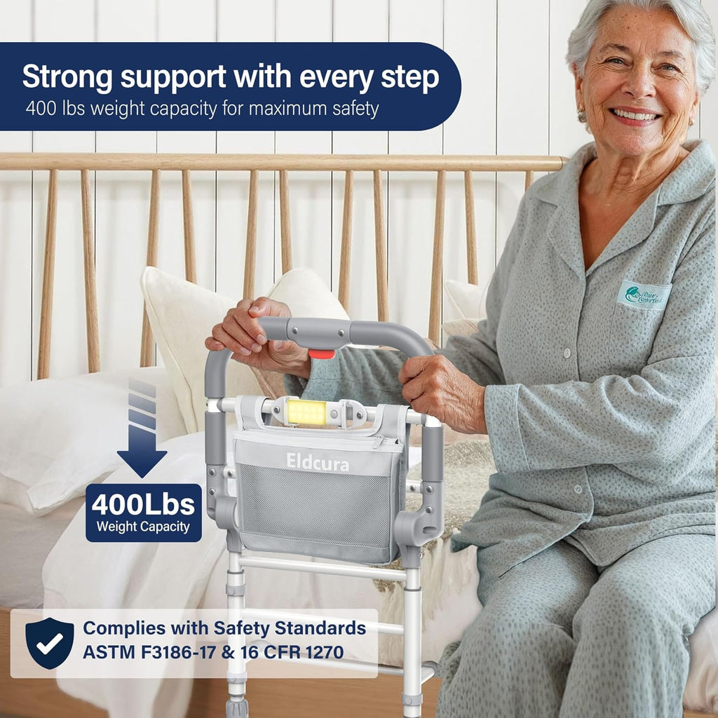 Foldable Bed Rails for Elderly Adults Safety - Heavy Duty Bed Rail for Seniors with Adjustable Height,Bed Side Rails with Motion Sensor Light and Storage Pocket,Fits King Queen Full Twin Beds,400LBS