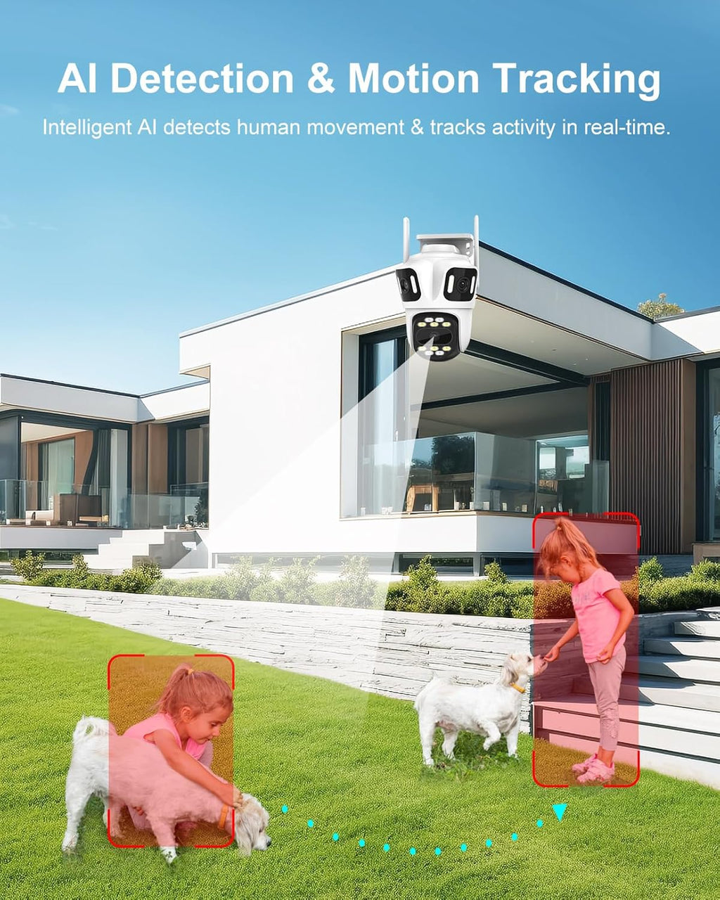 Three Lens WiFi Outdoor Security Camera, 9MP Wireless Home Security Cam, 360° Pan/Tilt, Human Detection, AI Auto Tracking, No Blind Spot, Color Night Vision, Two-Way Audio, Spotlight, IP66