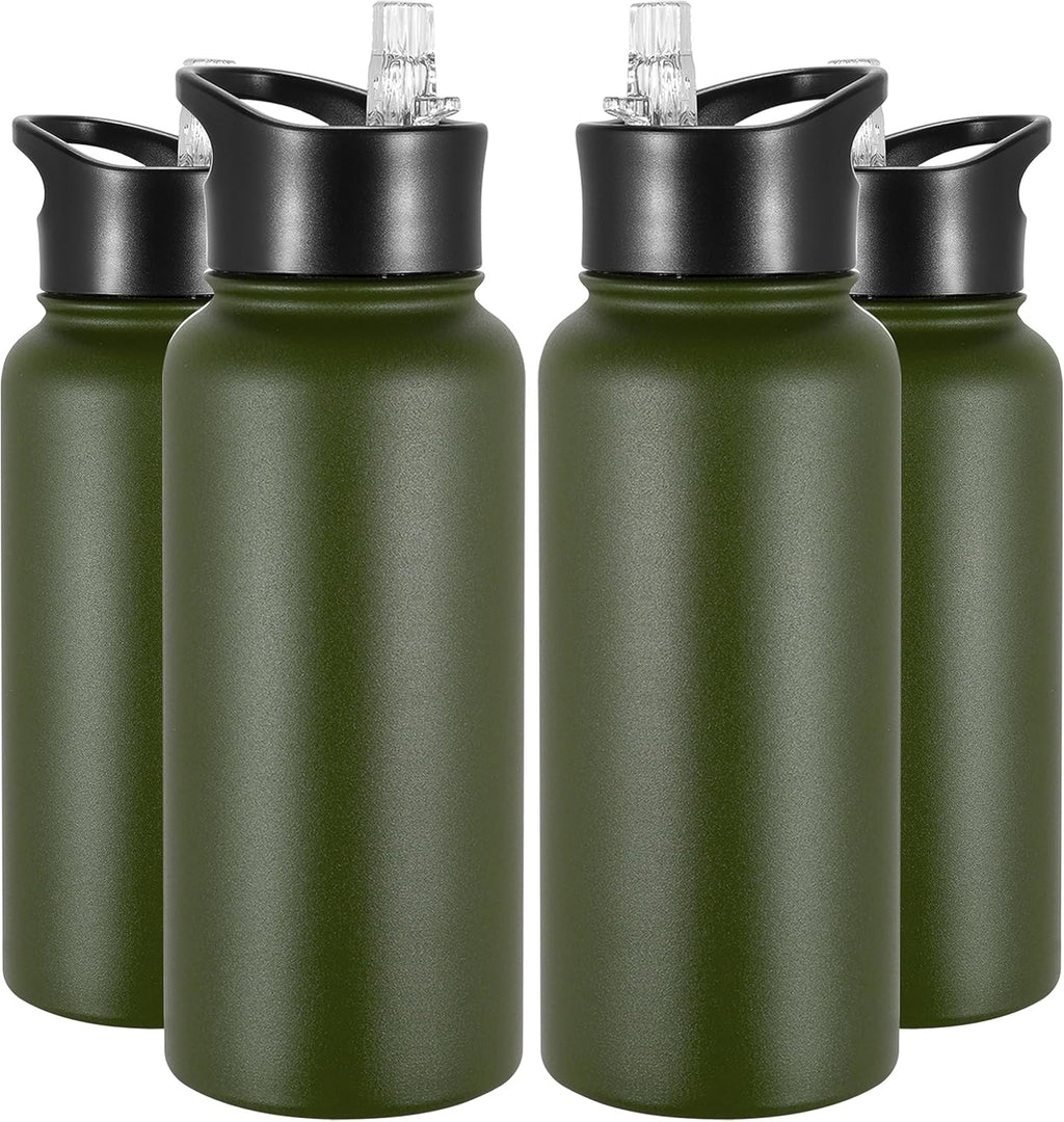 VEGOND 32 oz Insulated Water Bottle Bulk Stainless Steel Metal Water Bottles with Leak Proof Straw Lid & Spout Lid, Wide Mouth Double Walled Vacuum Travel Sports Bottle, 4 Pack