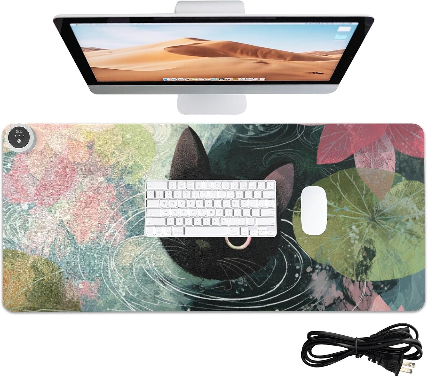 Heated Desk Pad Mouse Pad 31.5x13 Inch PU Leather Desk Mat with 3 Heat Levels Large Mouse Gaming Computer Laptop Mat Cat Lotus Flowers Blue