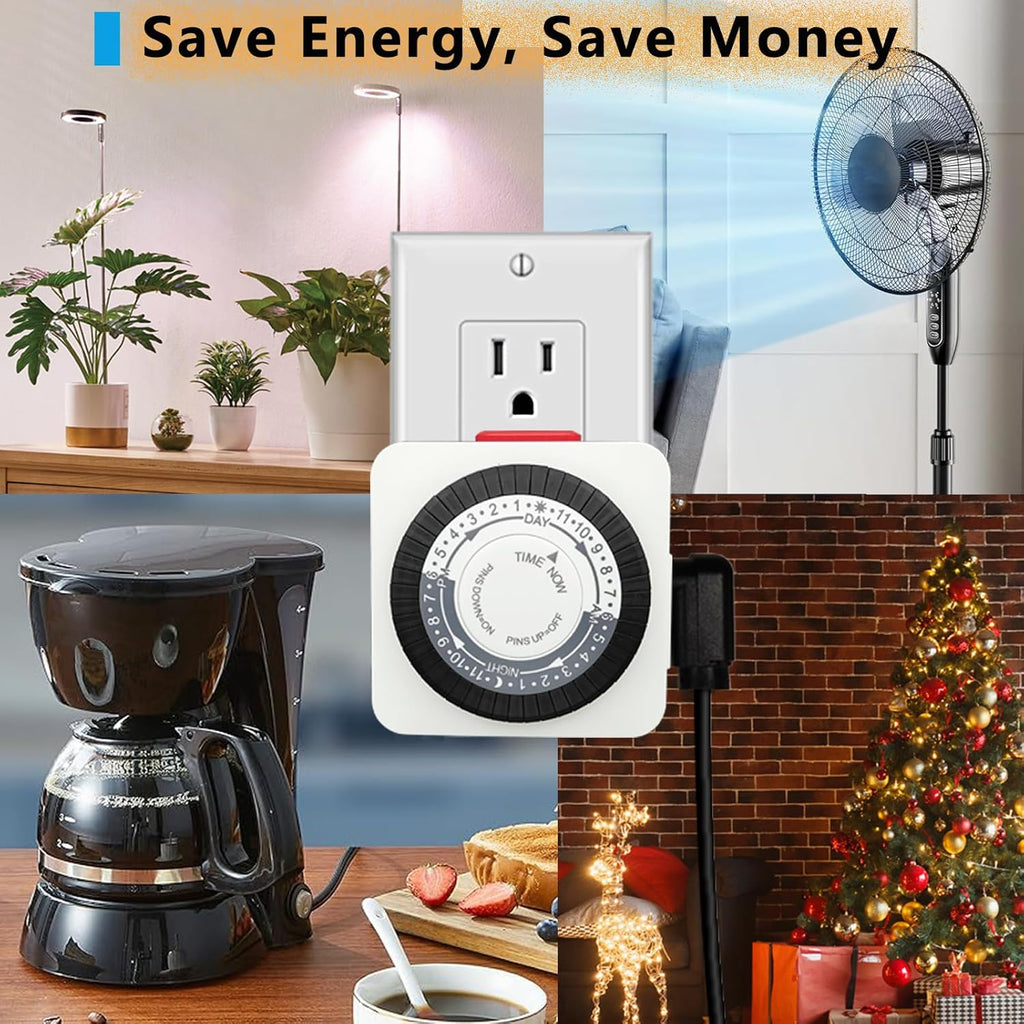 Timers for Electrical Outlets Indoor, 24-Hour Dual Outlet Timer, Christmas Tree Timer Indoor, 3 Prong Light Timers Indoor, Daily Cycle, 125V 15A, ETL Listed, 2-Pack