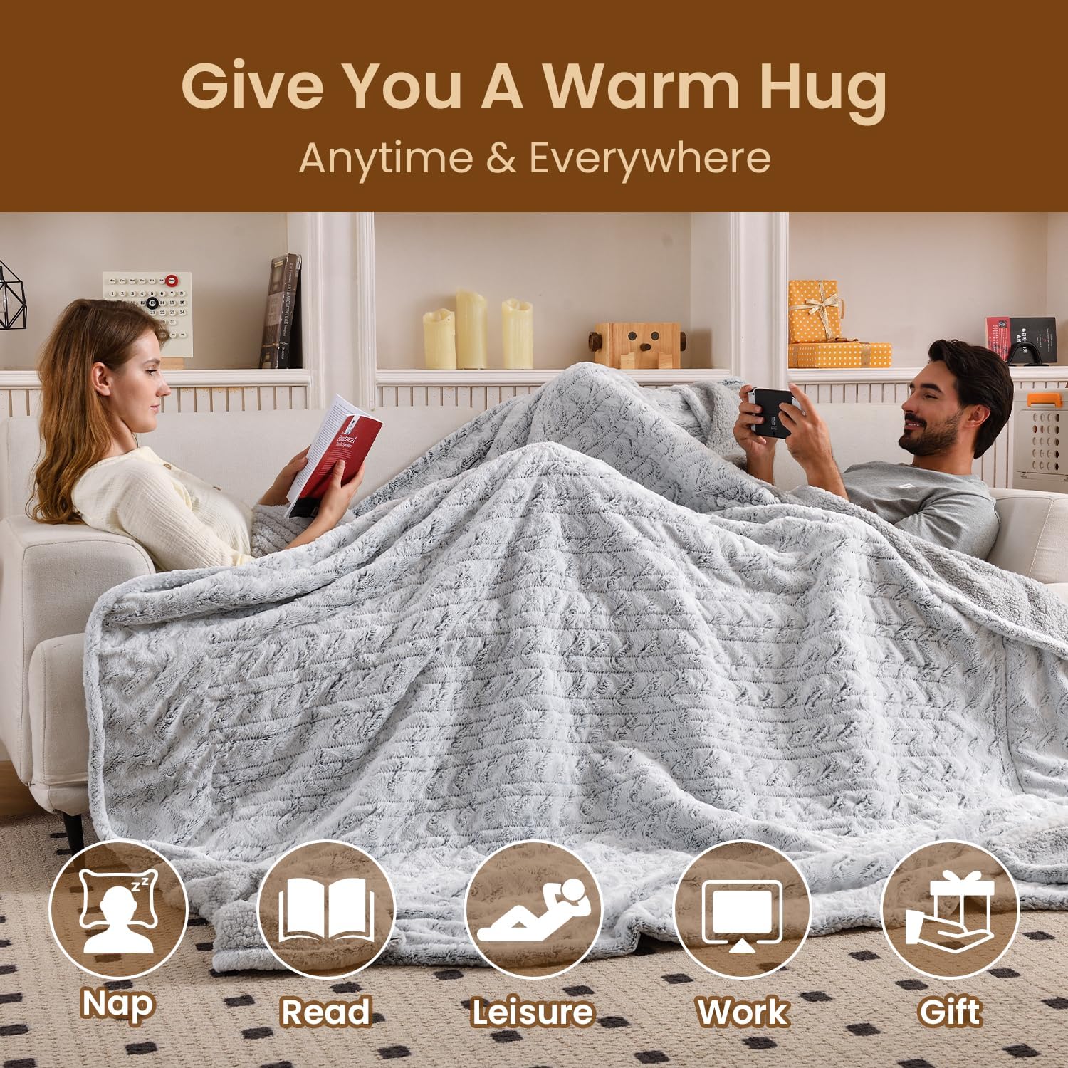 Bearhug Electric Blanket Full Size 77" x 84", 10 Heat Settings Heated Blanket, 1-12 Hour Auto Shut-Off, Faux Fur & Sherpa Dual-Sided Heating Blanket, Machine Washable, Gift-Ready Elegant Packaging