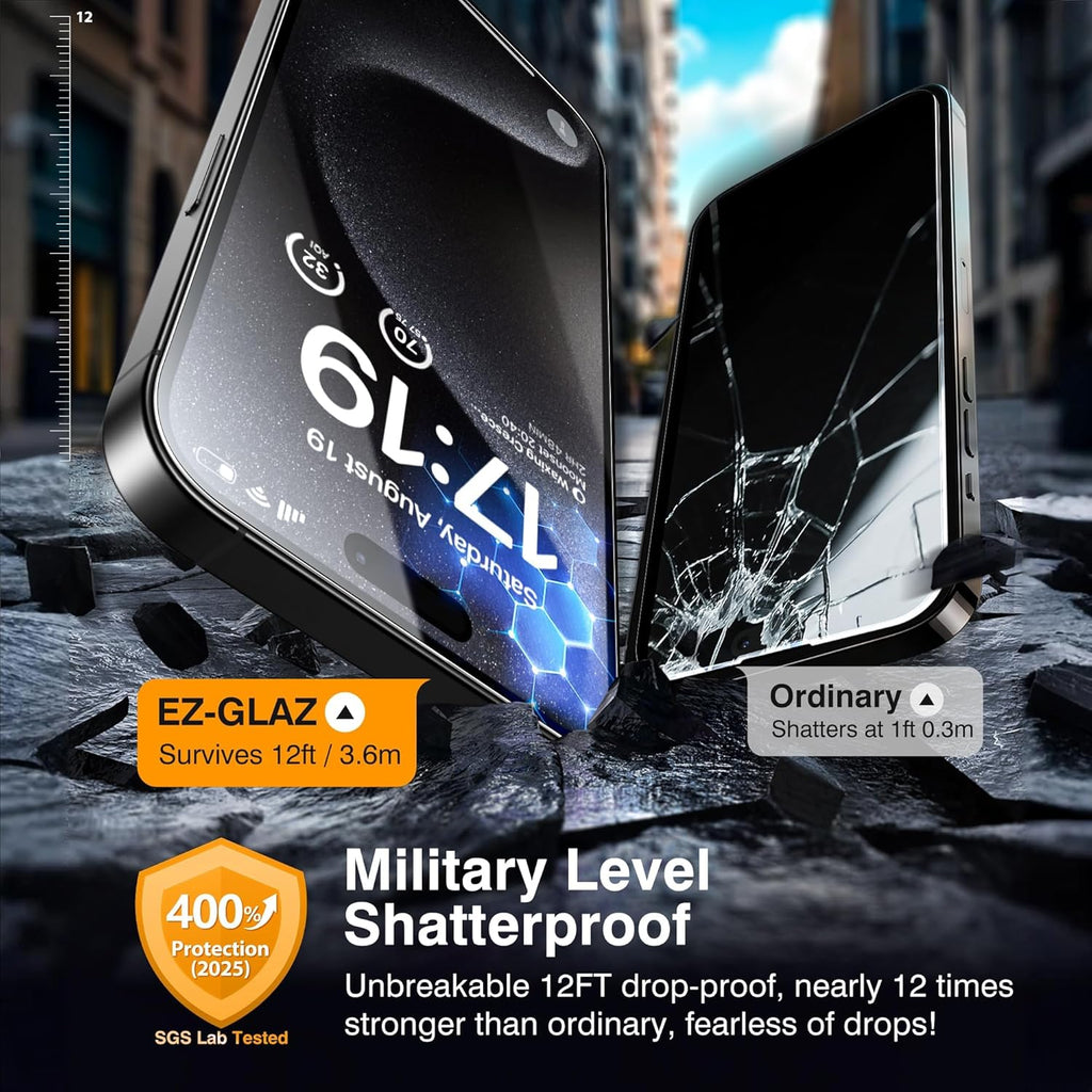 EZ-GLAZ- 4 Pack for iPhone 15 Pro Screen Protector [6.1"] With 2 Pack Camera Lens Protector, 9H+ Hardness 12FT Military Grade Shatterproof Scratch Resistant Durable Tempered Glass Film with Flawless Fit Kit, HD Clear