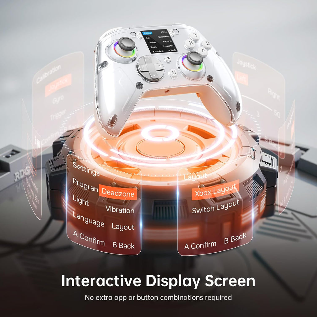 GUSGU G7 Wireless Gaming Controller with Interactive Screen, 1000Hz Polling Rate, Hall Joysticks & Triggers, 4 Programmable Buttons, Compatible with PC, Switch1, PS4, iOS, Android, Gray