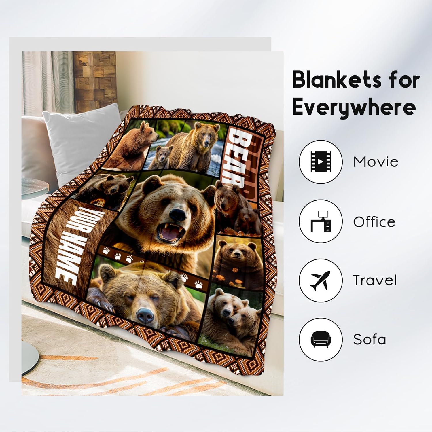 Personalized Blankets for Dad, Custom Bear Blanket Gifts for Men Boys Adults, 50"x60" Forest Animal Throw Gift for Hunters - Soft, Fuzzy & Cozy Flannel Throws Wildlife Country Decor