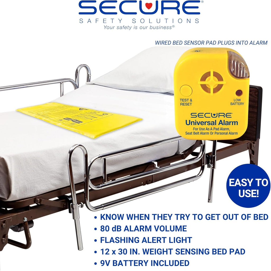 Secure Bed Alarm for Elderly Adults - 12" x 30" Motion Pressure Sensor Pad, 80 dB Patient Monitor with Holder, 9V Battery - Wandering & Fall Prevention for Dementia Patients Seniors