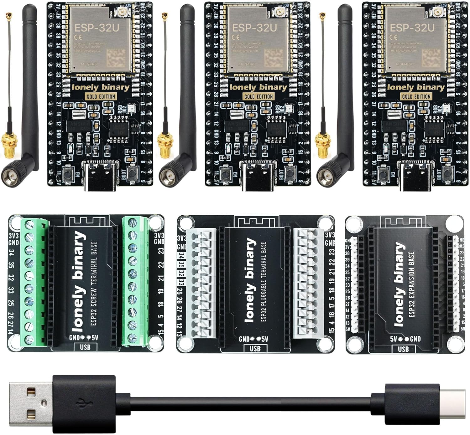 3-Pack Lonely Binary ESP32 Gold Edition with External IPEX Antenna WiFi Bluetooth Dual-Core MCU with Screw/Non-Screw Expansion Boards, Type-C Port Compatible with Arduino IDE, MicroPython, ESP-IDF