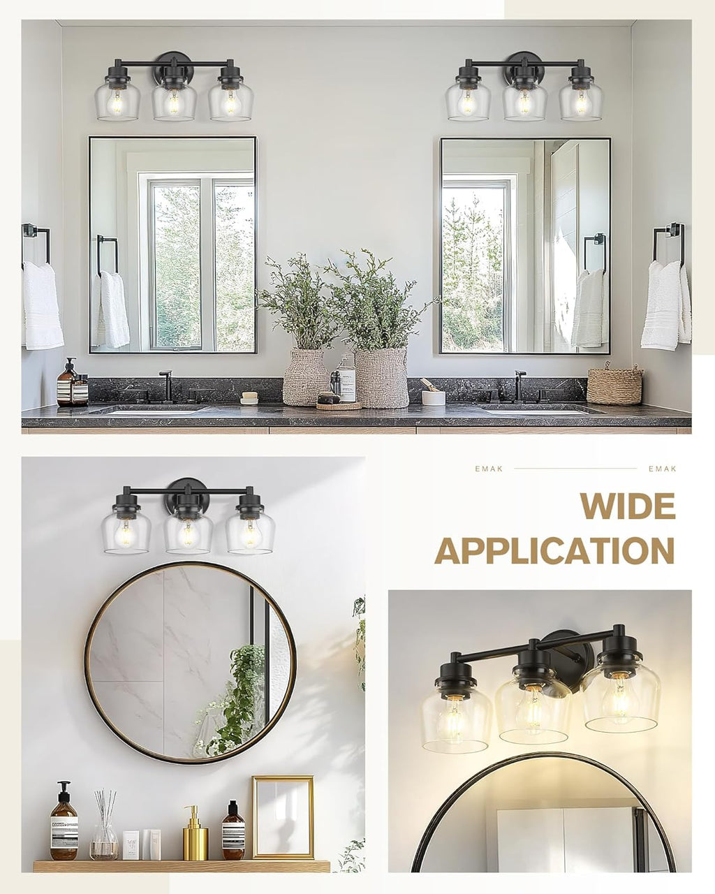 Emak 3-Light Bathroom Vanity Lights Over Mirror, Modern Bathroom Light Fixtures with Clear Glass Shade, Black Vanity Light for Bath, Makeup Desk, Mirror, VL122-BK-CG-3