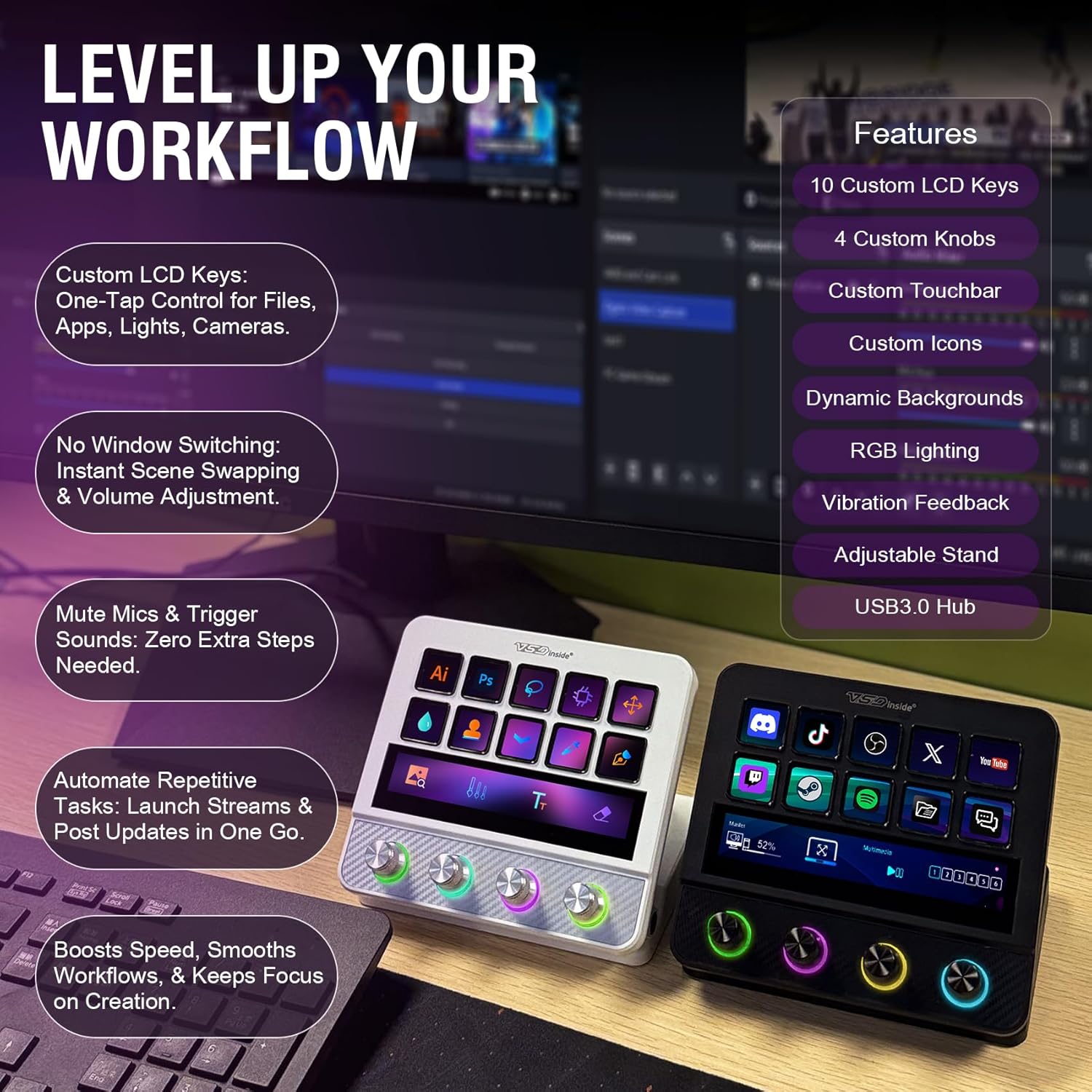 Macro Pad, Streaming Deck Stream Controller Soundboard Keypad, Programmable Keys USB Shortcut Keyboard for Gamer Streamer, Audio Mixer for OBS, YouTube, Office Desk Setup, PC, Mac