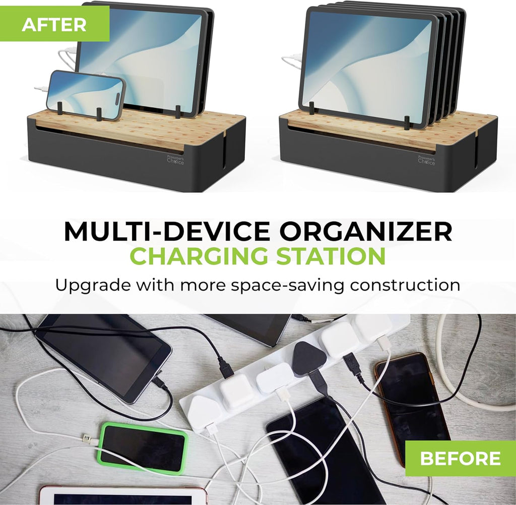 Prosumer's Choice Black Wooden Charging Station Organizer for Multiple Devices - Cable Management Box with 5 Slots and Removable Dividers - Charger Organizer for Phone, Tablet, Home, Office, 12"x6"x7"