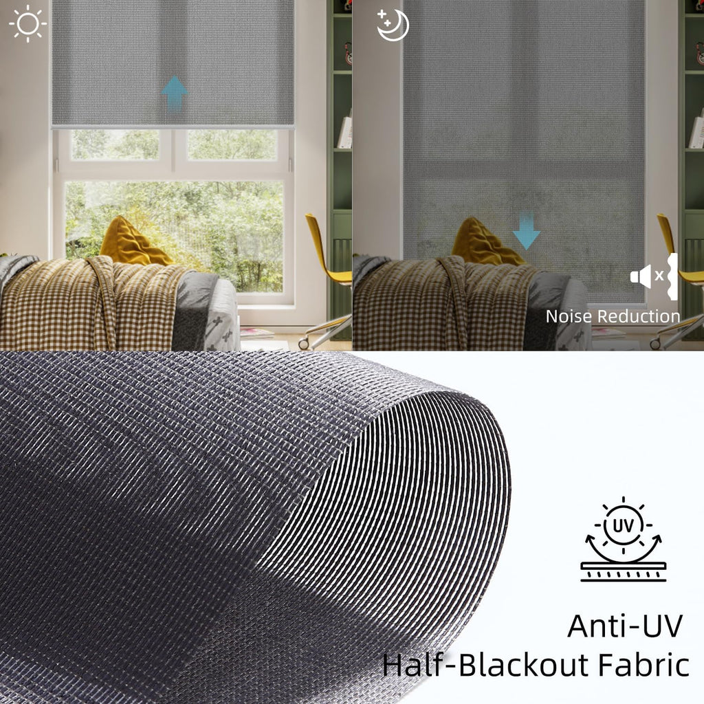 SmartWings Motorized Light Filtering Shades, Work with Homekit, Alexa Google, 50% Blackout PVC Free Smart Blinds for Windows, Cordless Window Shades with Remote, Customized, Charcoal
