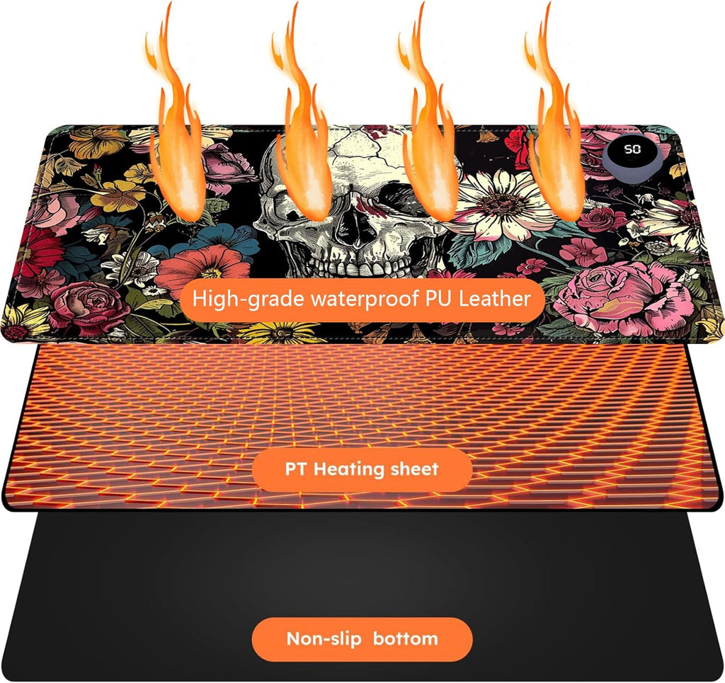 Heated Mouse Pad with 3 Levels Heated & 3 Hours Auto Shut-Off Mouse Pad for Warming Hands in Office Home, 23.6" x 14.2"Large Safe Desk Mat Hand Warmer，Skull in Flowers