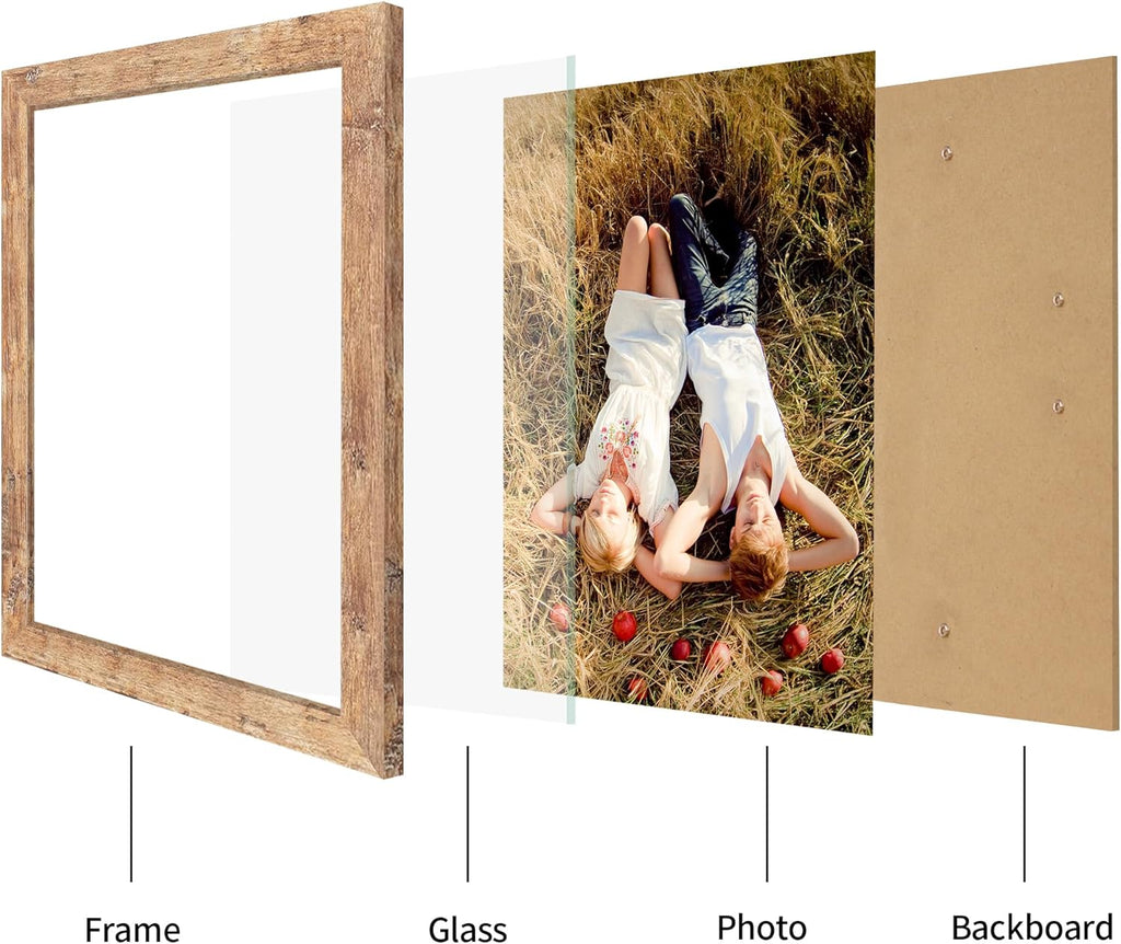 iRahmen 8.5x11 Picture Frame Set of 4, High Definition Real Glass Rustic Brown Frame, Wood Photo Frames 8.5 by 11 Diploma Document for Wall Hanging and Tabletop Display