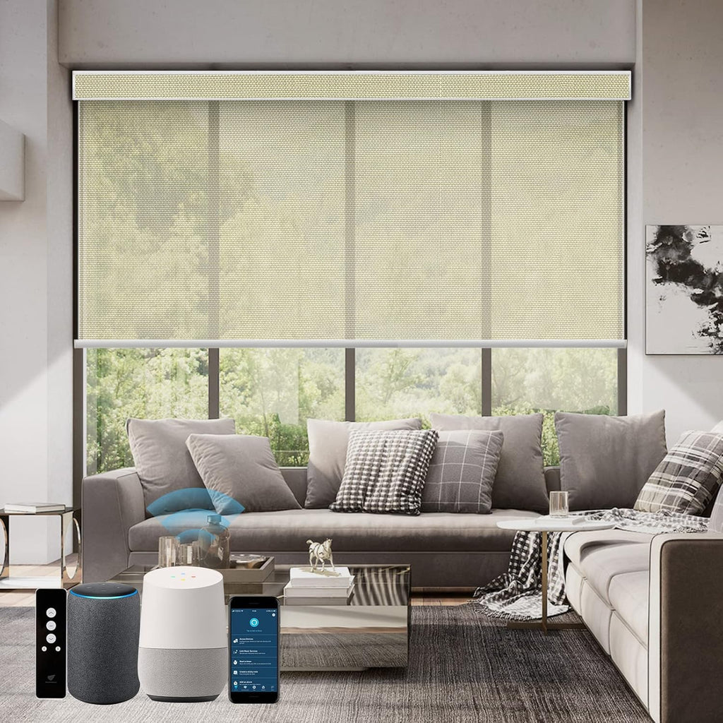 SmartWings Motorized Roller Shades 5% Openness Work with Homekit, Alexa SmartThings Google, Zigbee Motor Smart Blinds for Windows, Cordless Remote Window Shades, Rechargeable, Customized, White Linen