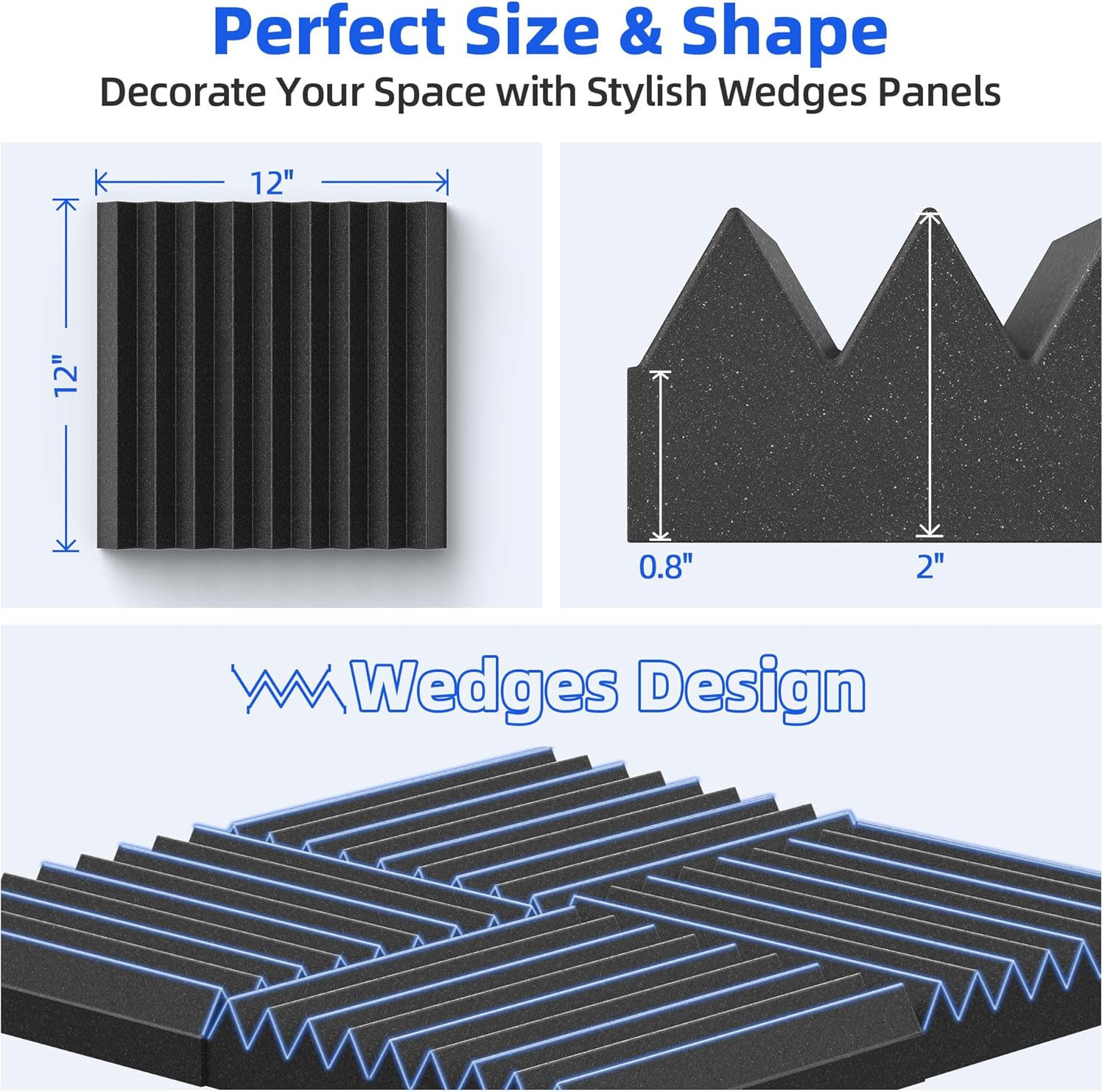 36 Pack Sound Proof Foam Panels for Wall with Self Adhesive, 2" X 12" X 12" High Density Acoustic Panels Sound Absorbing Quick-Recovery, Wedges Soundproof Wall Panels for Gaming & Studio Decor - Black