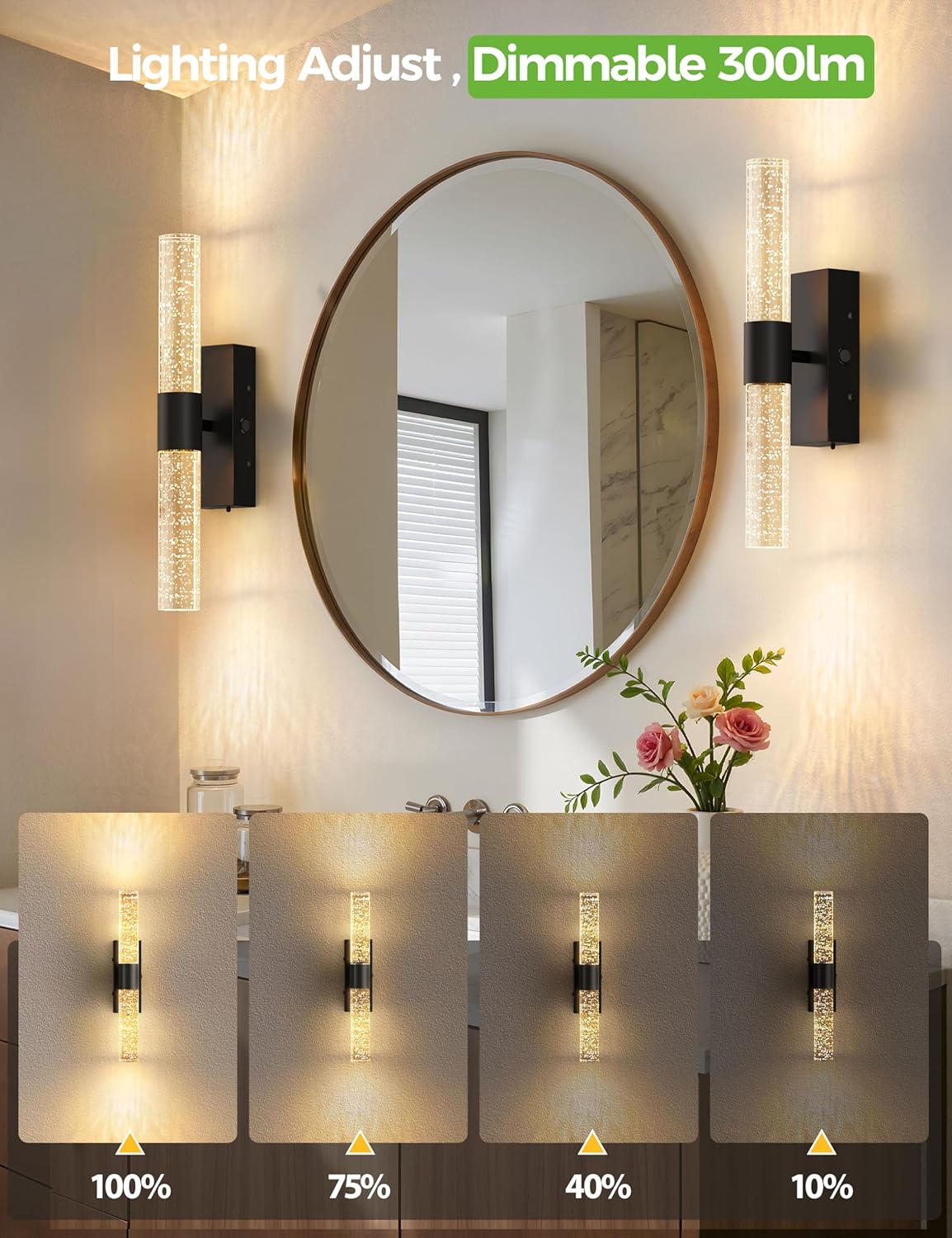 Battery Operated Wall Sconce Set of 2,3CCT Dimmable,10400mAh,Black Modern Rechargeable Wall Sconce with Remote,Wireless Wall Lights for Bedroom,Living Room,Hallway(15.3 inch)