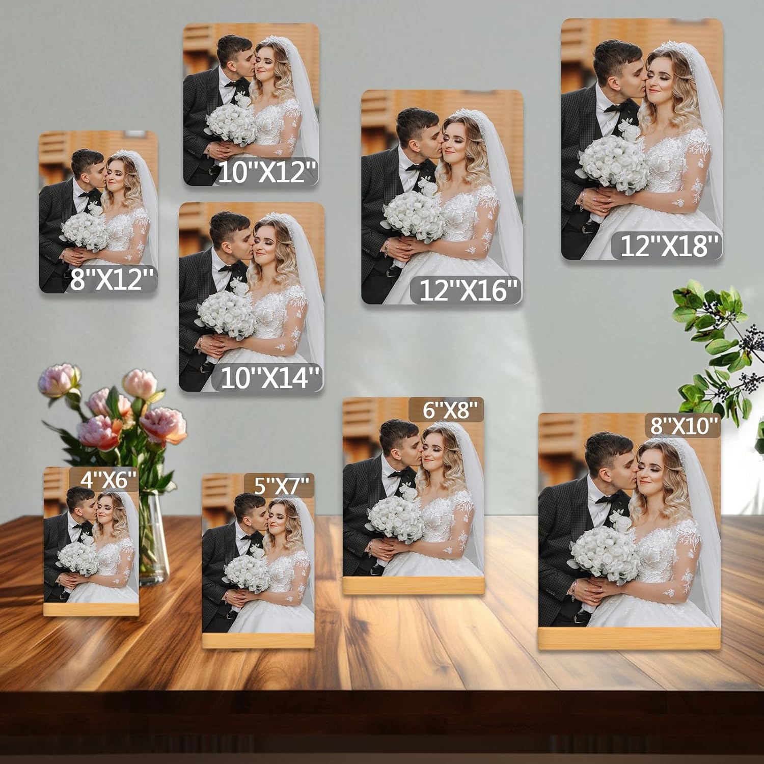 Custom Photo Prints - Metal Desktop Picture Frame with Photos & Wooden Base Personalized Gifts for Family Friends Lovers and Pets, Optional Multiple Sizes