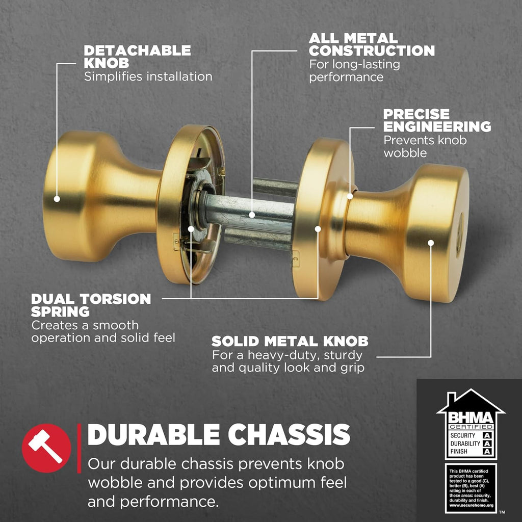 Kwikset Pismo Entry Door Knob with Lock and Key, Secure Keyed Handle Exterior, Front Entrance and Bedroom, Satin Brass, 10 Pack, Pick Resistant SmartKey Rekey Security