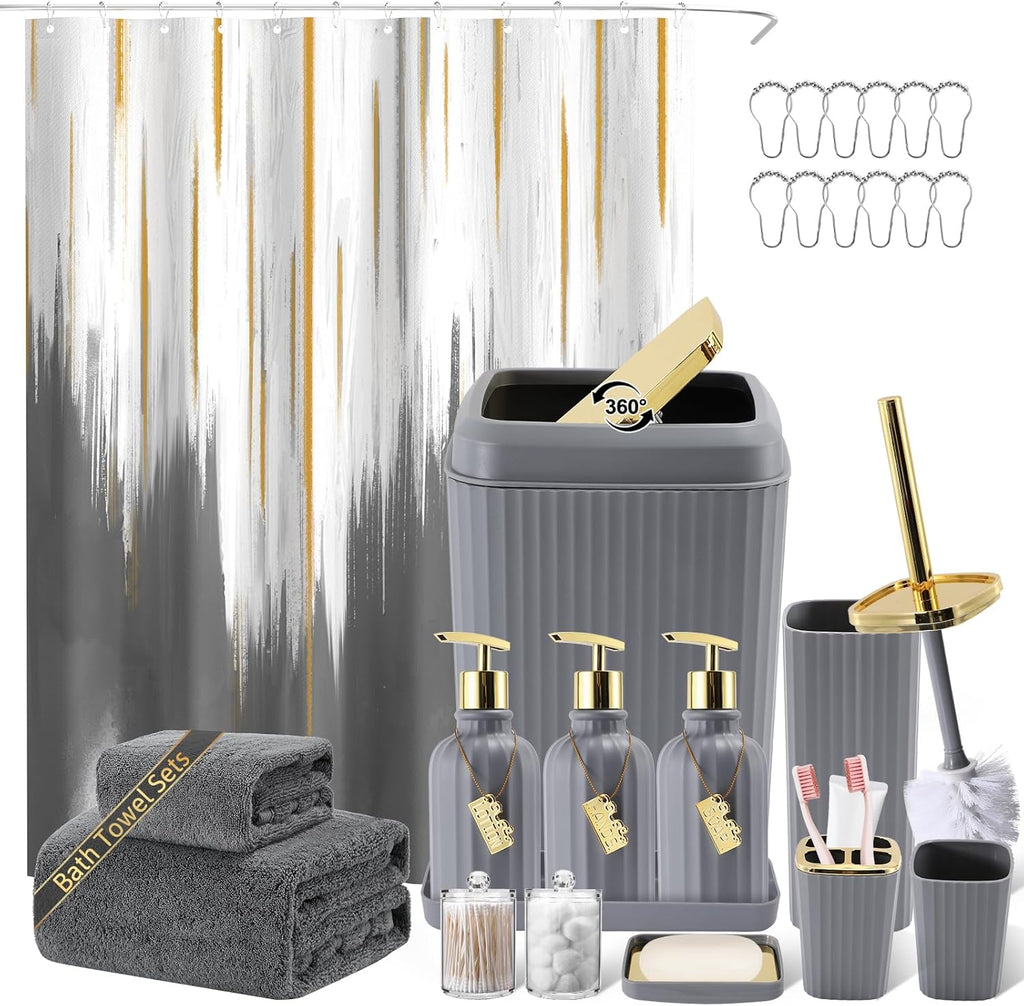 32PC Bathroom Accessory Set Bathroom Accessories Set Grey Bathroom Set, Shower Curtain Set, 2 Piece Bath Towel Set, 3PC Soap Dispenser, Toilet Brush & Trash Can