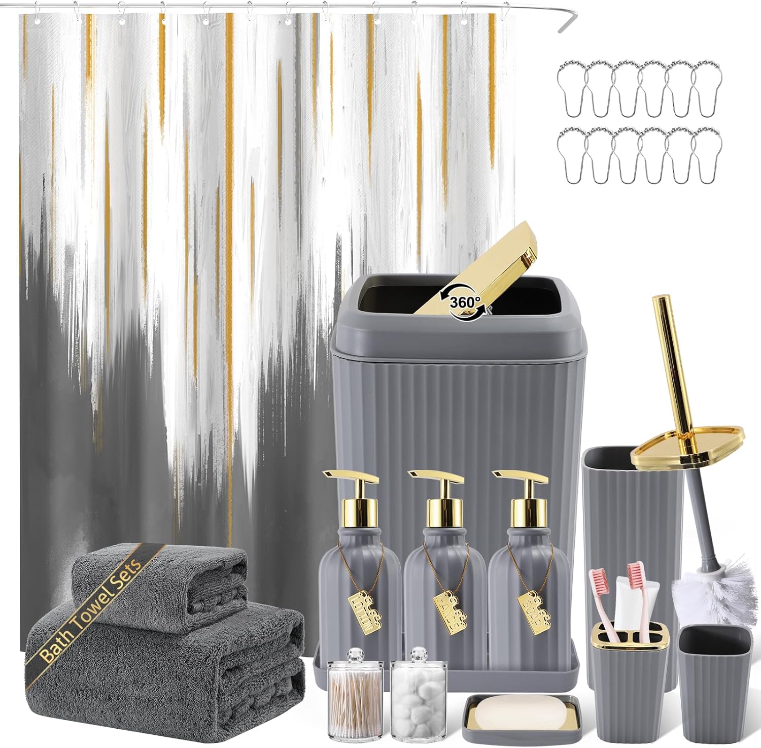 32PC Bathroom Accessory Set Bathroom Accessories Set Grey Bathroom Set, Shower Curtain Set, 2 Piece Bath Towel Set, 3PC Soap Dispenser, Toilet Brush & Trash Can