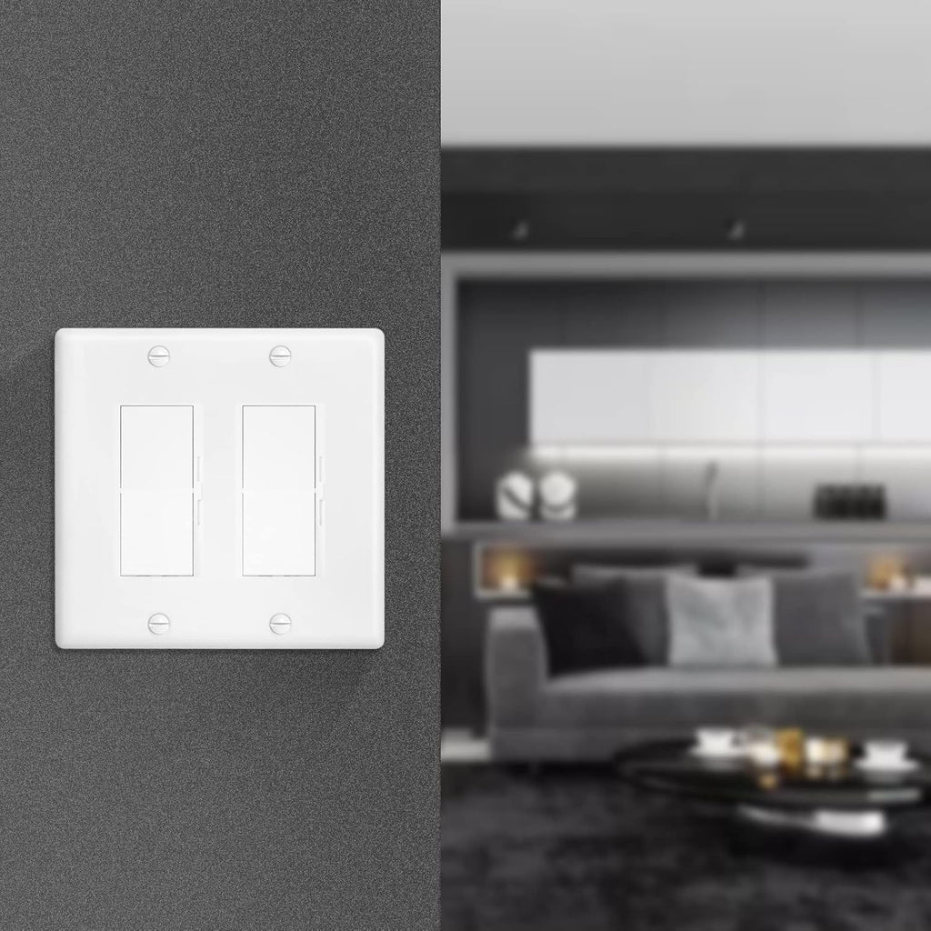Decorator Wall Plate Double Gang Light Switch Plate Outlet Cover,Unbreakable Polycarbonate Thermoplastic, White (4-Pack, Double Decorator-White)