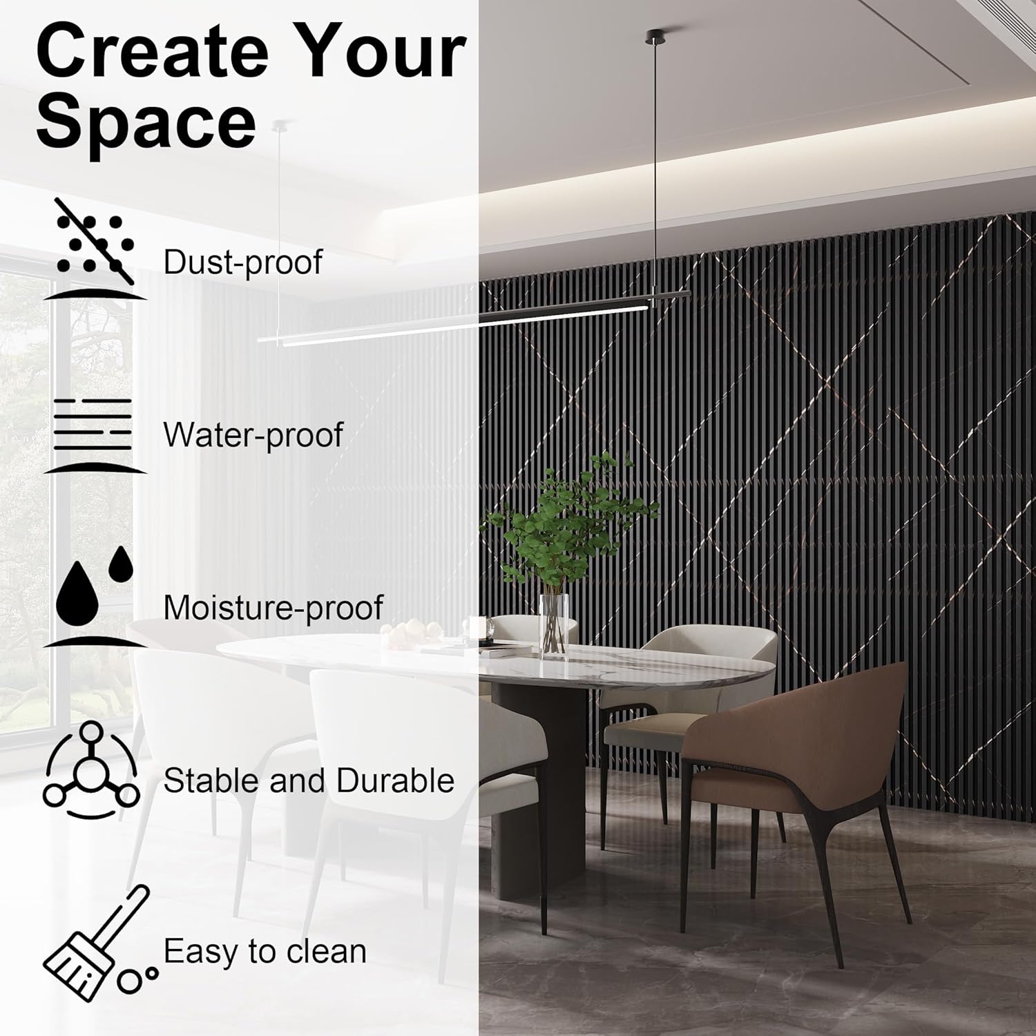 8-Pack WPC Slat Wall Panels - 3D Wall Panels, Water-Proof and Easy Installation, Accent Slat Wall Paneling for Living Room, Office,Granite, 96 x 6.6 Inch